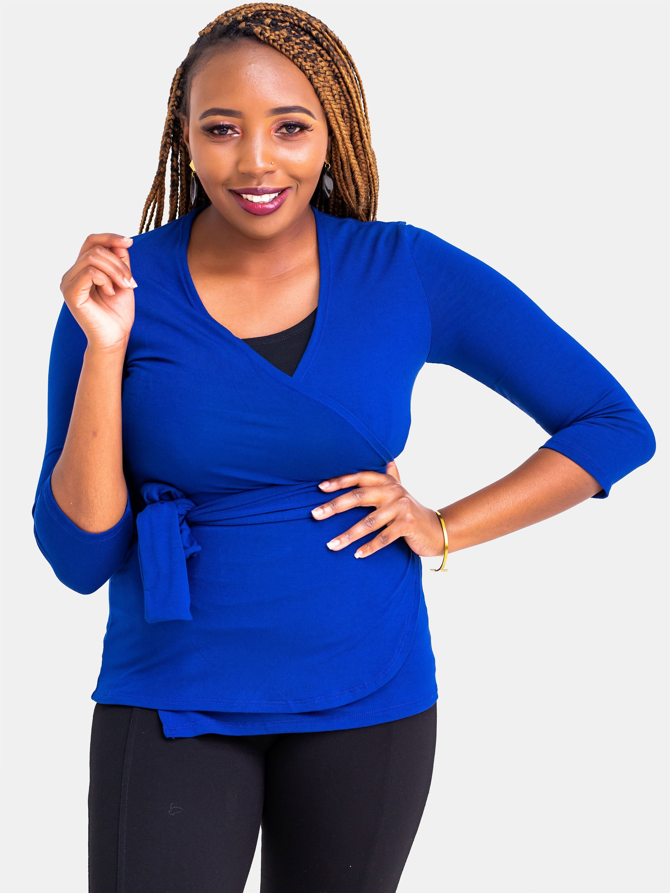 Vivo 3/4 Sleeve Wrap Top - Blue - Shop Zetu