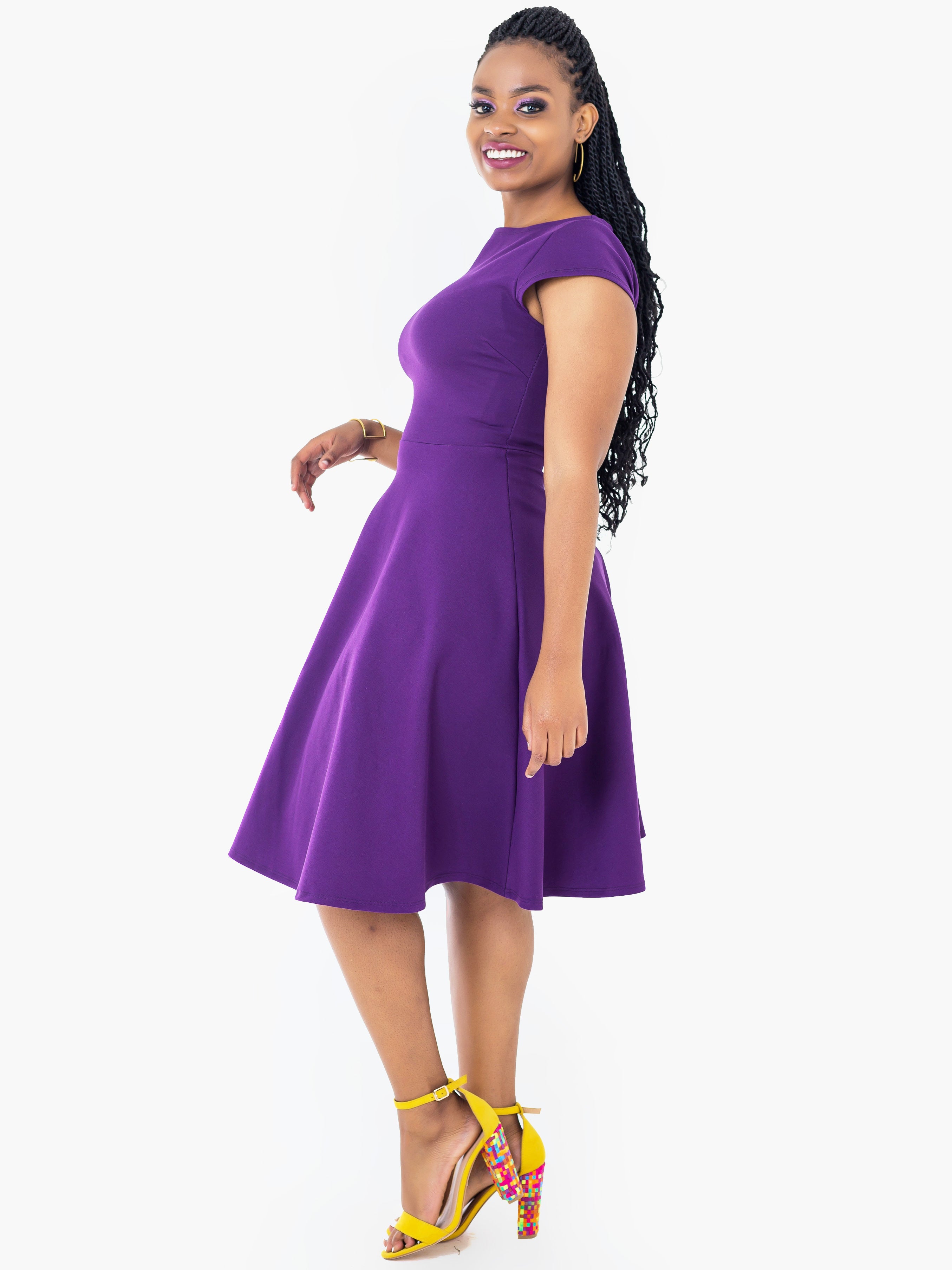 Vivo Basic Cap Sleeved Circular Knee Length Dress - Purple