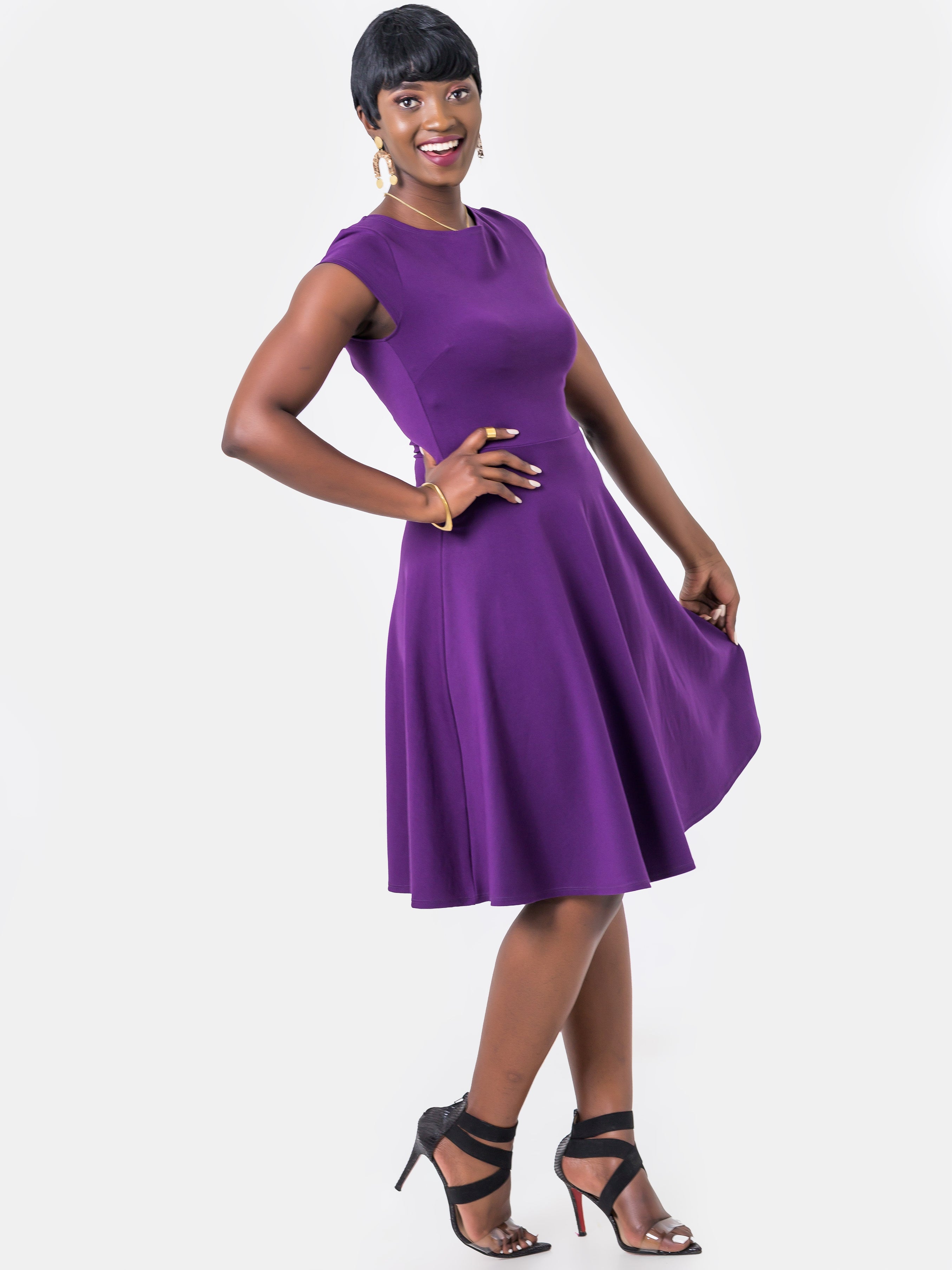 Vivo Basic Cap Sleeved Circular Knee Length Dress - Purple