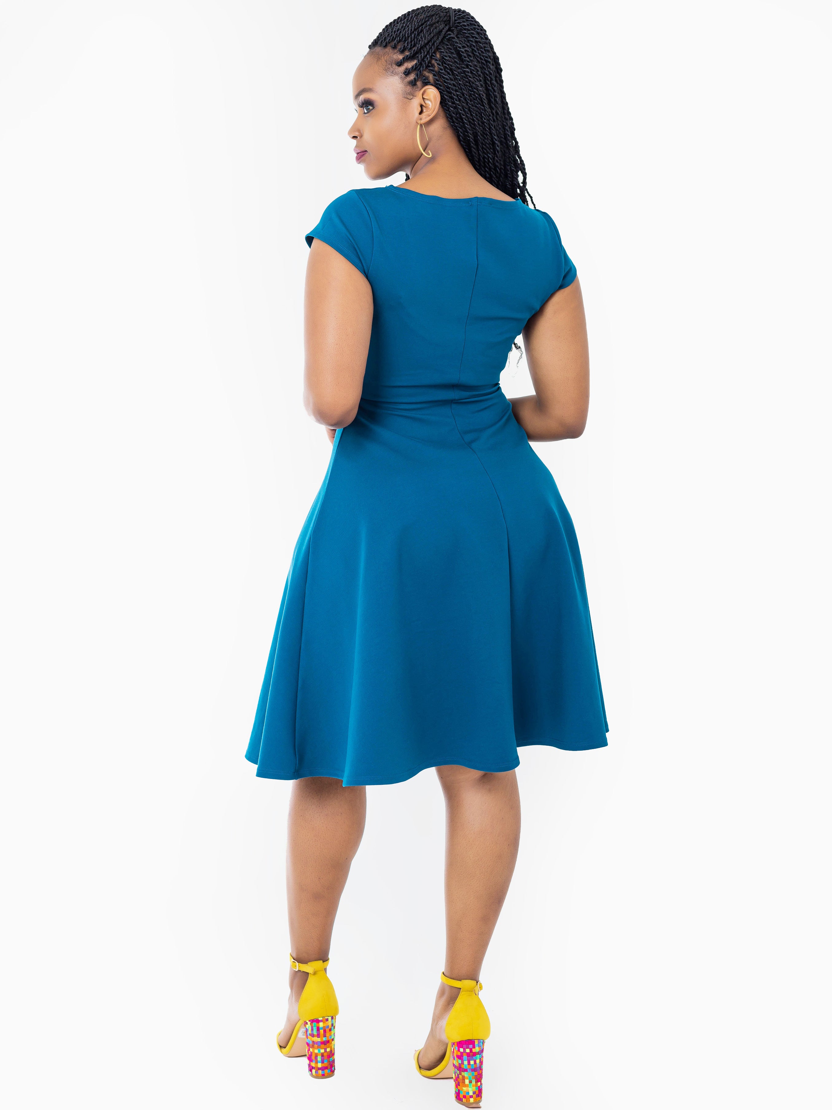 Vivo Basic Cap Sleeved Circular Knee Length Dress - Teal