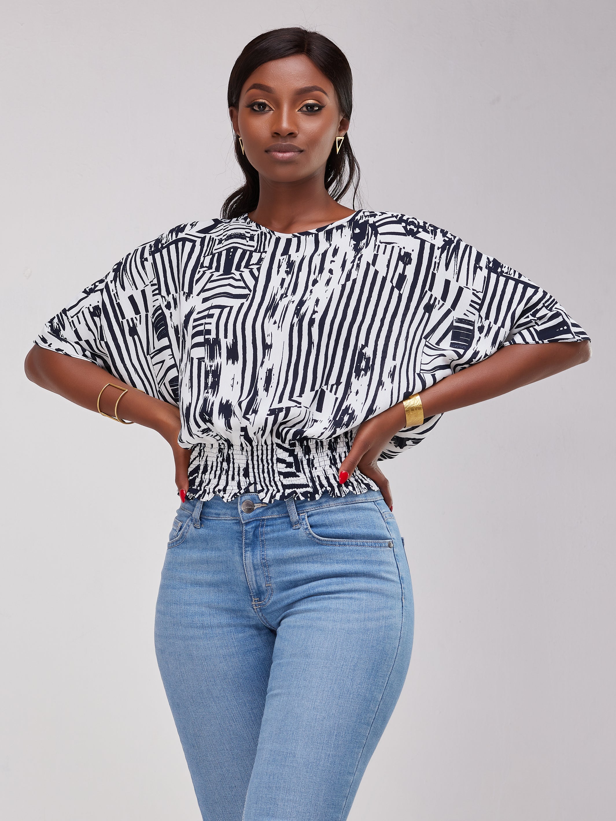 Safari Naima Shirred Waist Chiffon Top - Navy / White Print