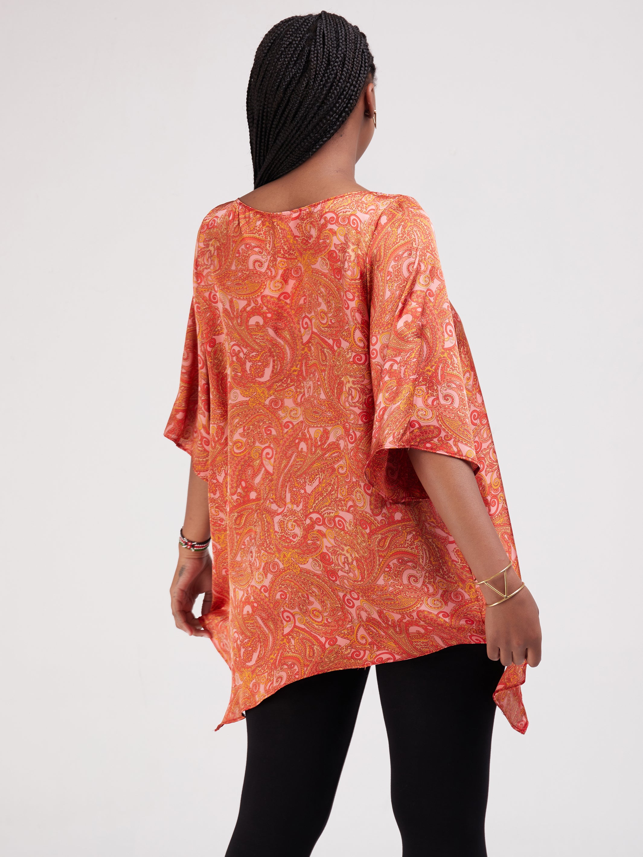 Vivo Asymmetric Angel Satin Top - Red / Orange Print