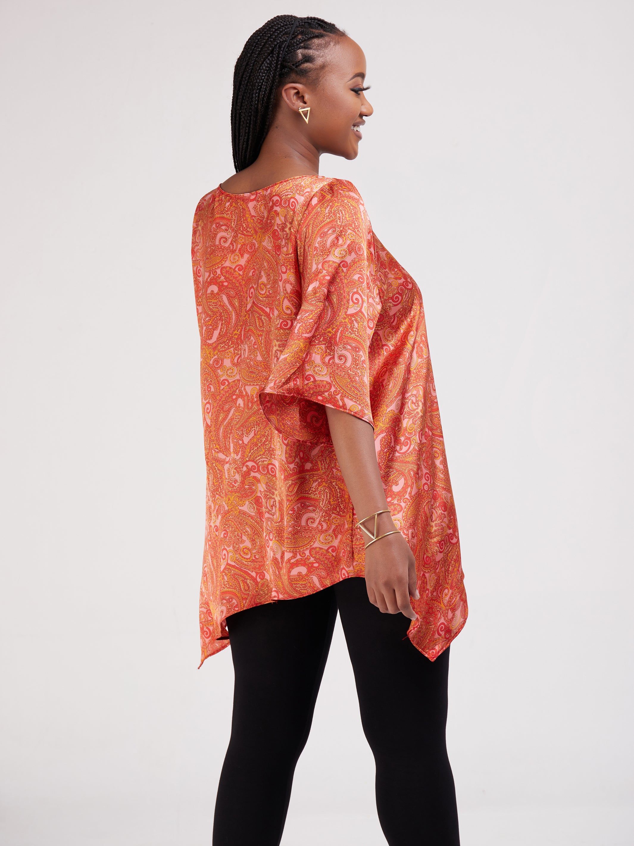 Vivo Asymmetric Angel Satin Top - Red / Orange Print
