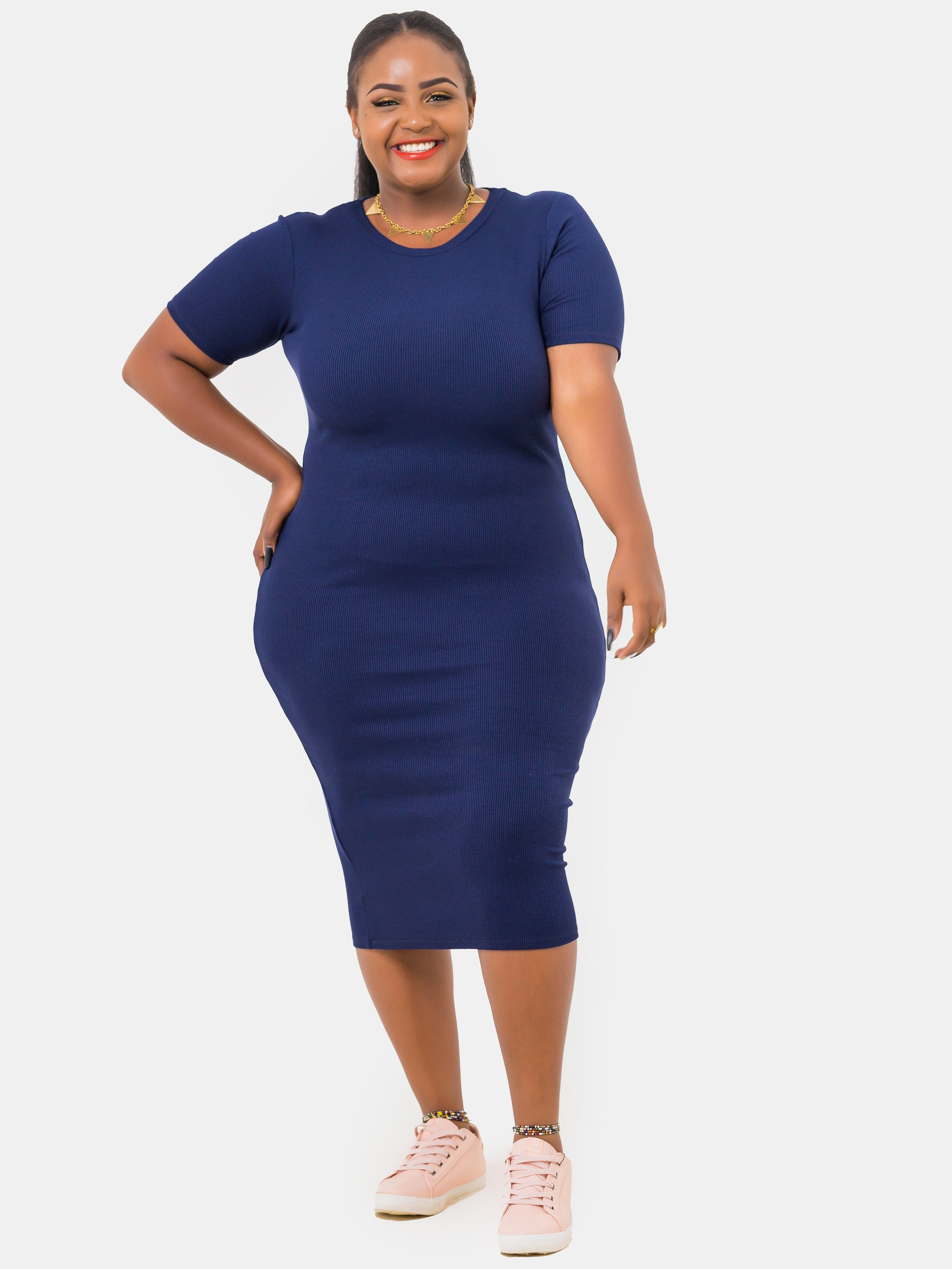 Zetu Ribbed Boundneck Short Sleeved Midi Bodycon Navy Blue - Shop Zetu