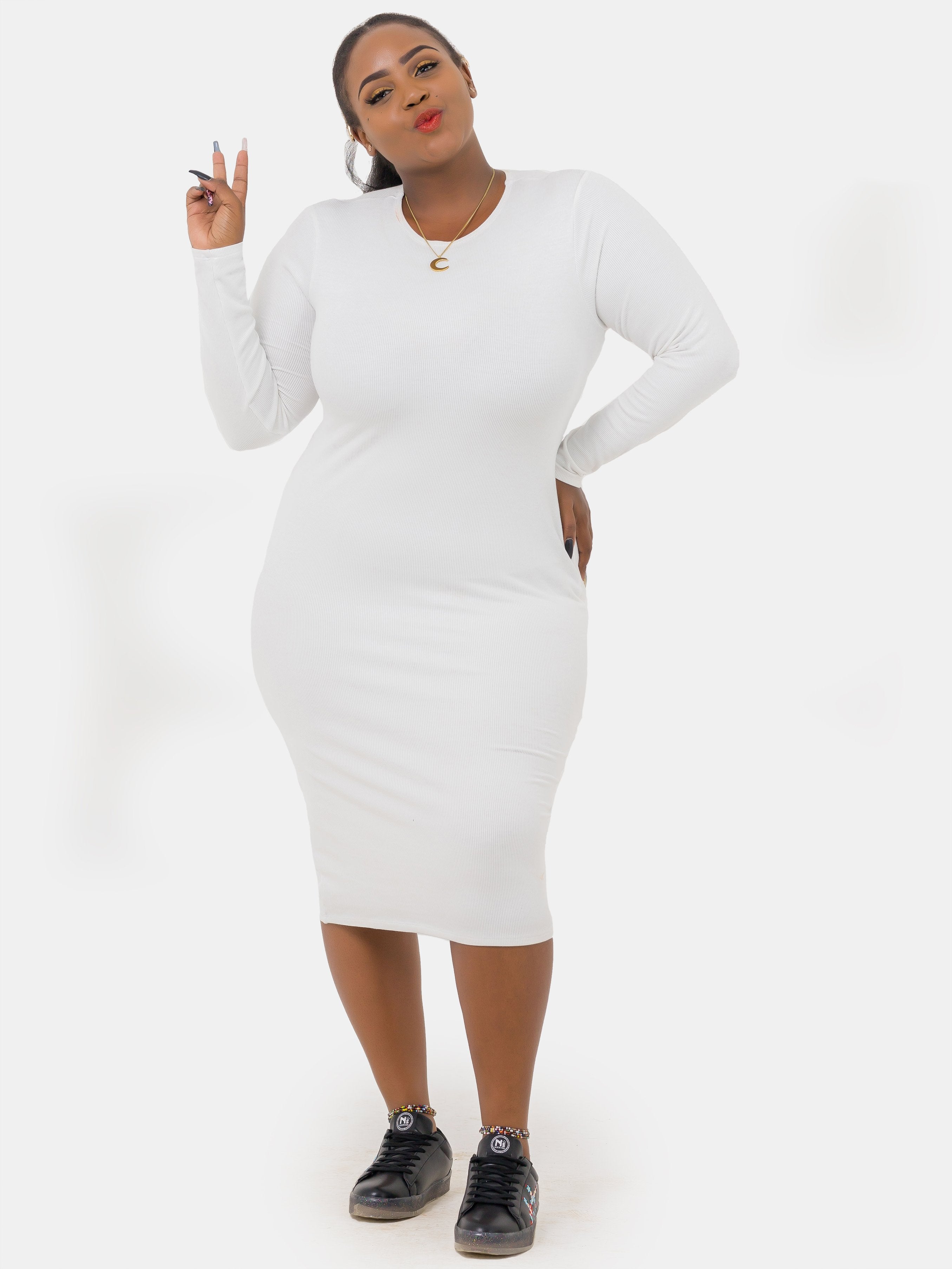 Zetu Ribbed L.S Crew Neck Midi Bodycon - VivoWoman