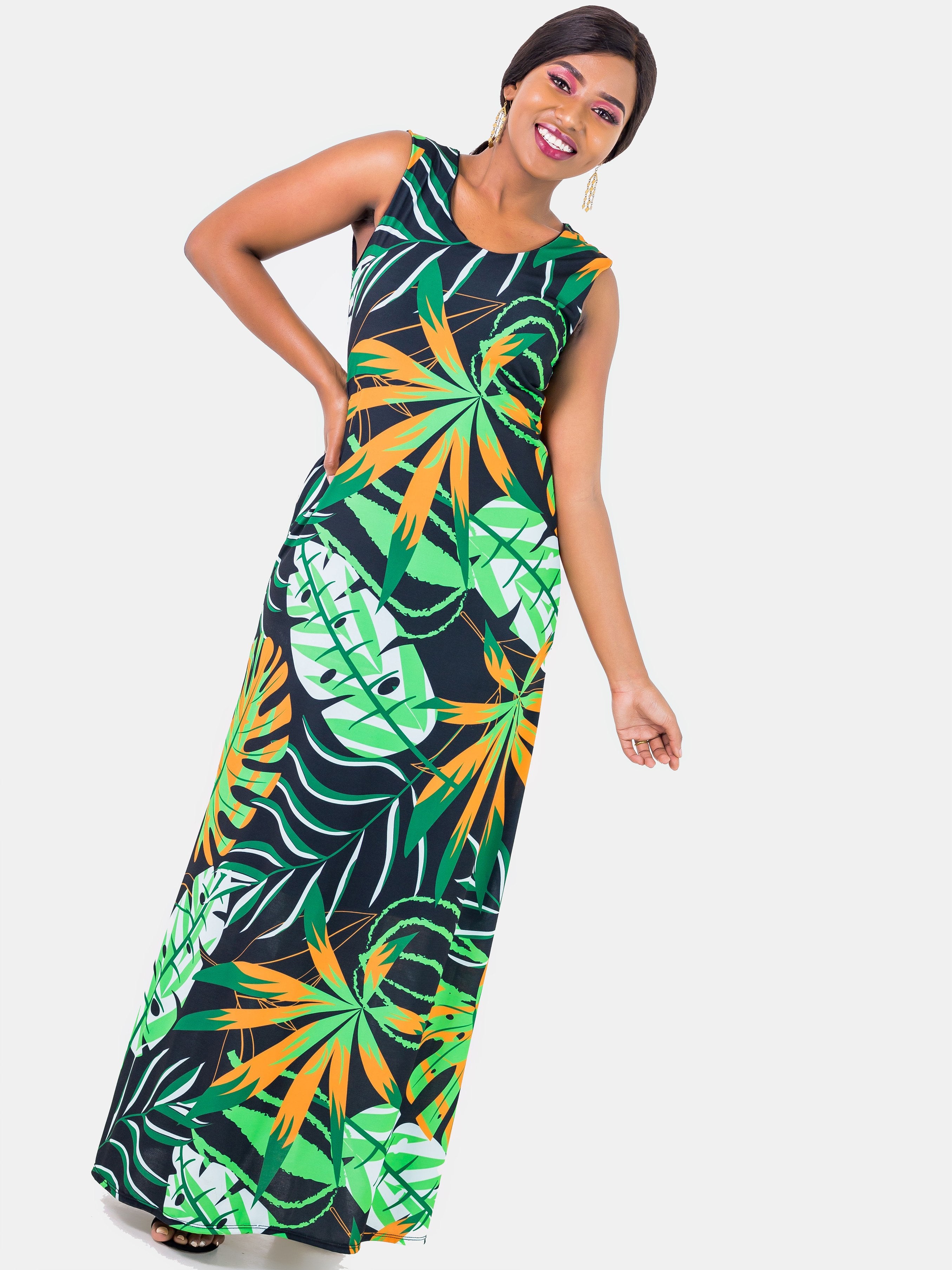 Vivo Olivia A-line Maxi Dress -  Green Print - Shop Zetu