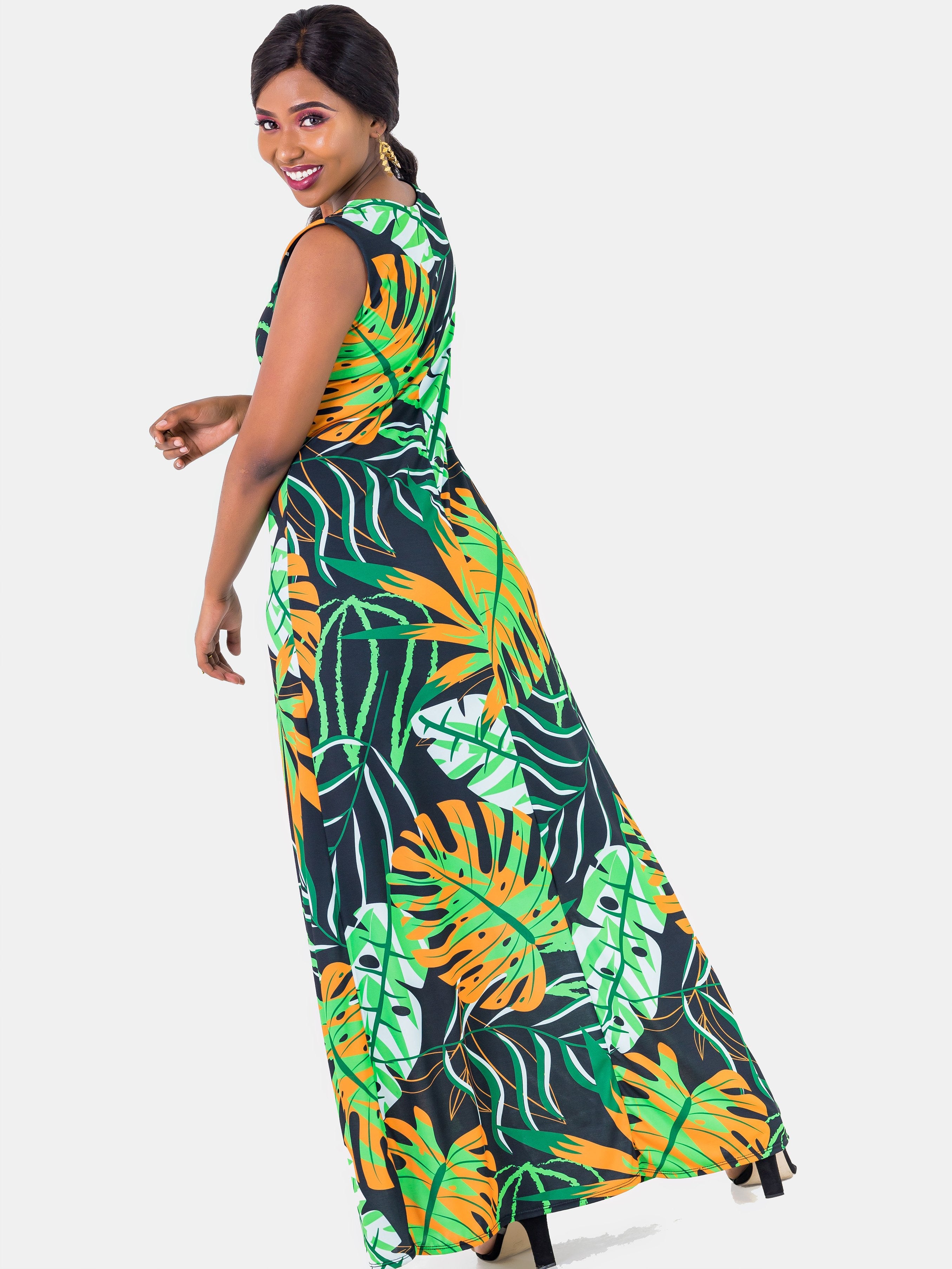 Vivo Olivia A-line Maxi Dress -  Green Print - Shop Zetu