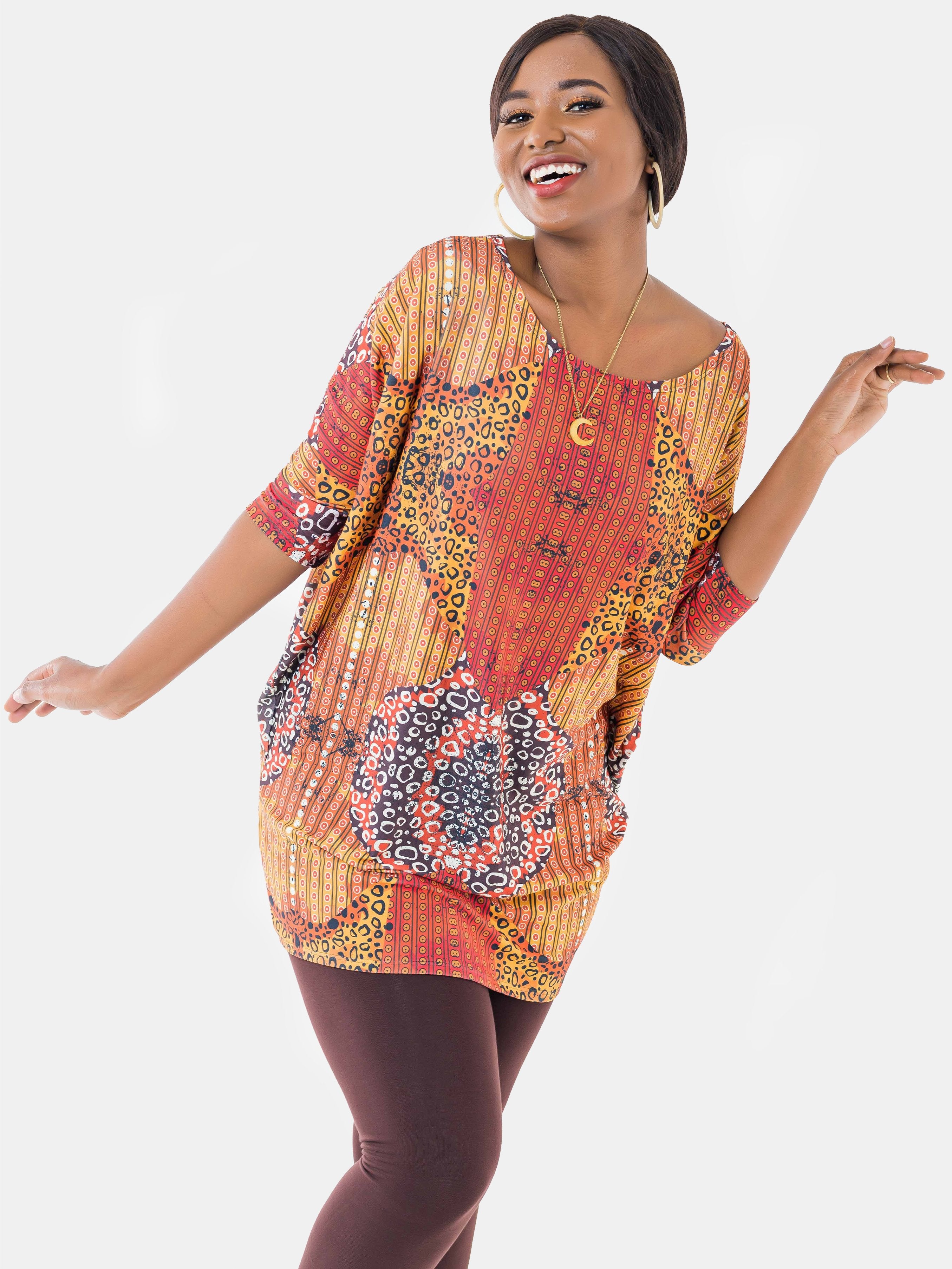 Vivo Olivia Dolman Top - Orange Print - Shop Zetu