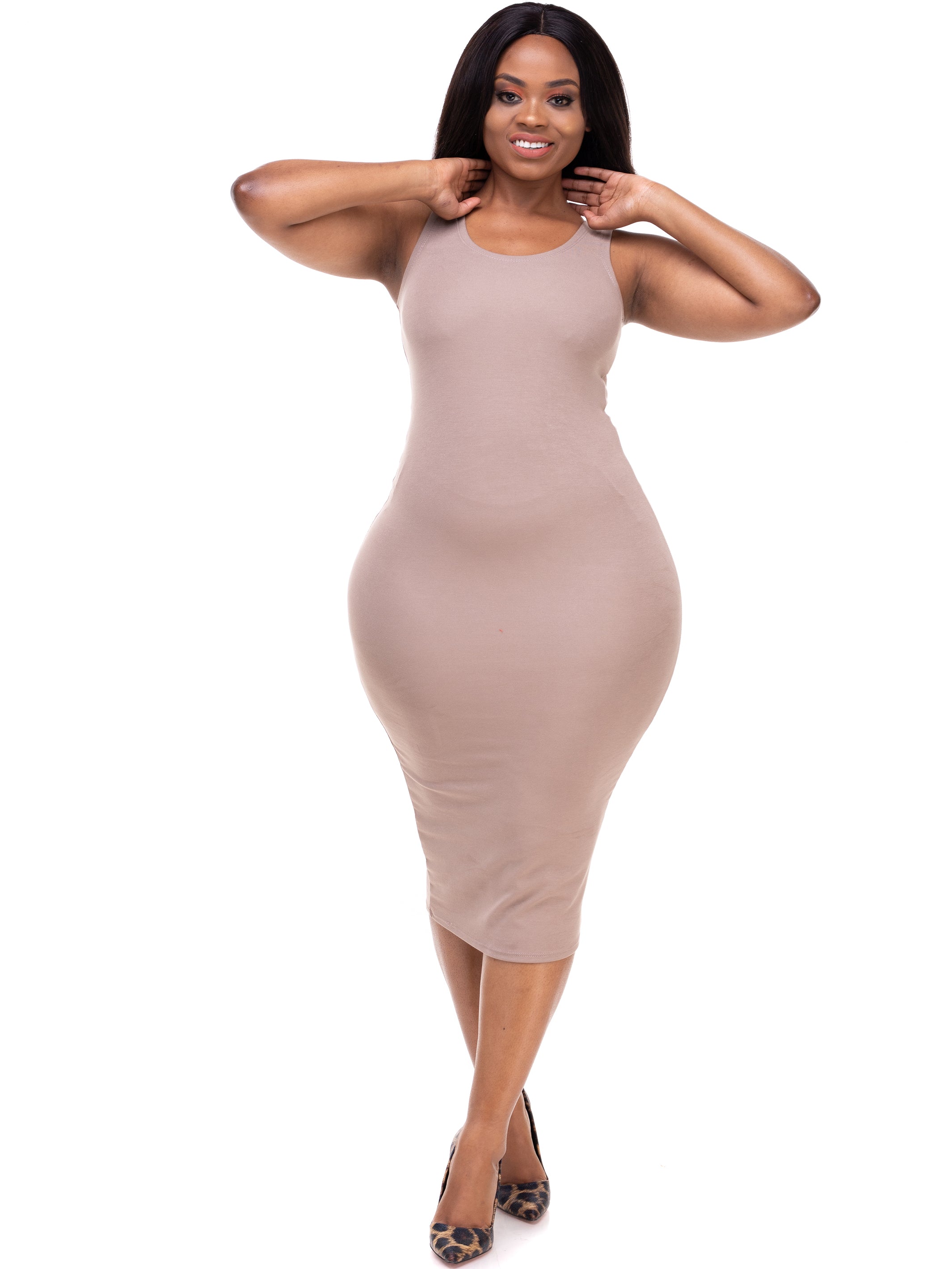 Vivo Basic Sleeveless Leila Bodycon Dress - Taupe | Vivo Fashion Group Kenya