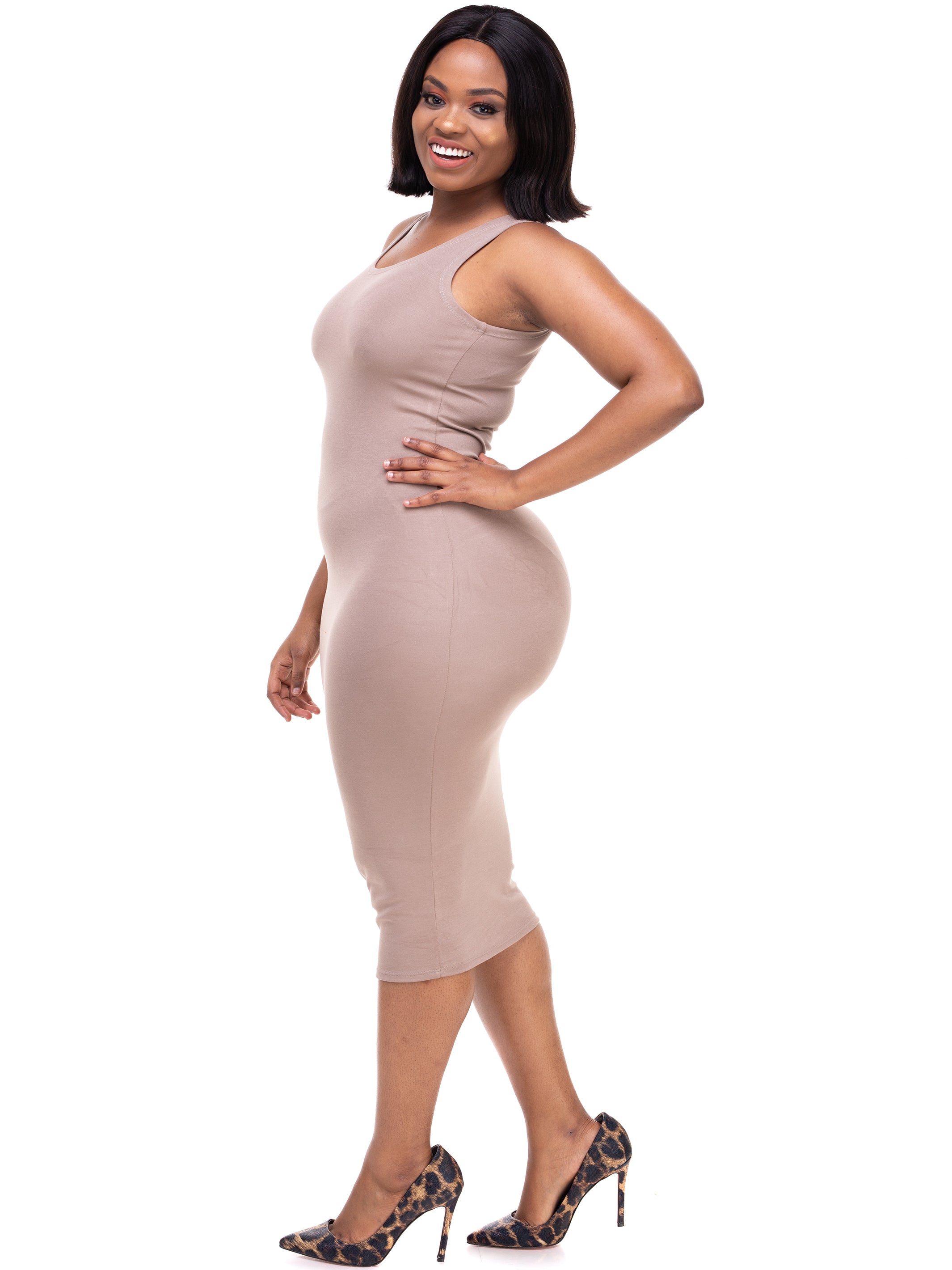 Vivo Basic Sleeveless Leila Bodycon Dress - Taupe | Vivo Fashion Group Kenya