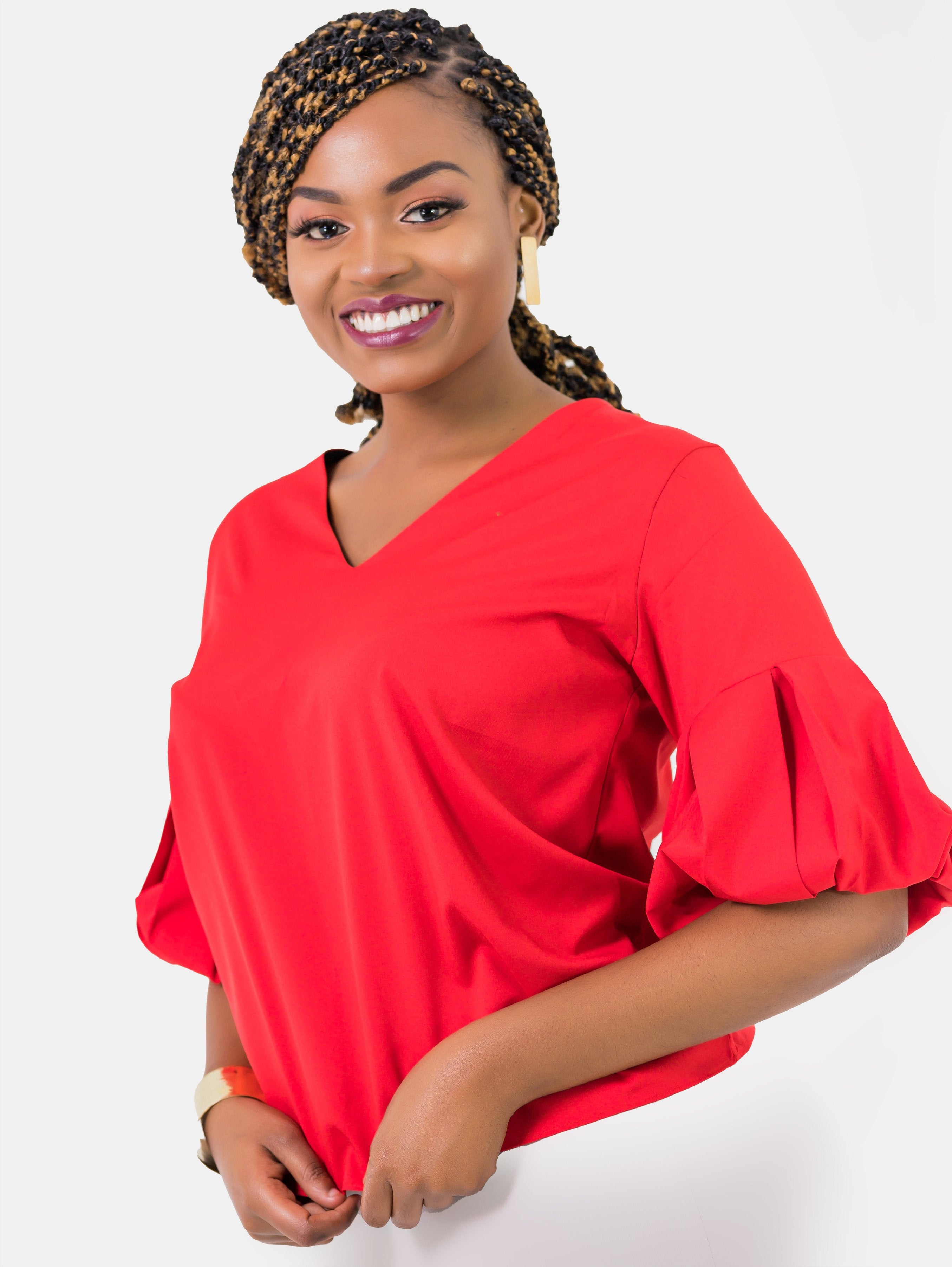 Vivo V-Neck Puff Sleeve Top - Red - Shop Zetu