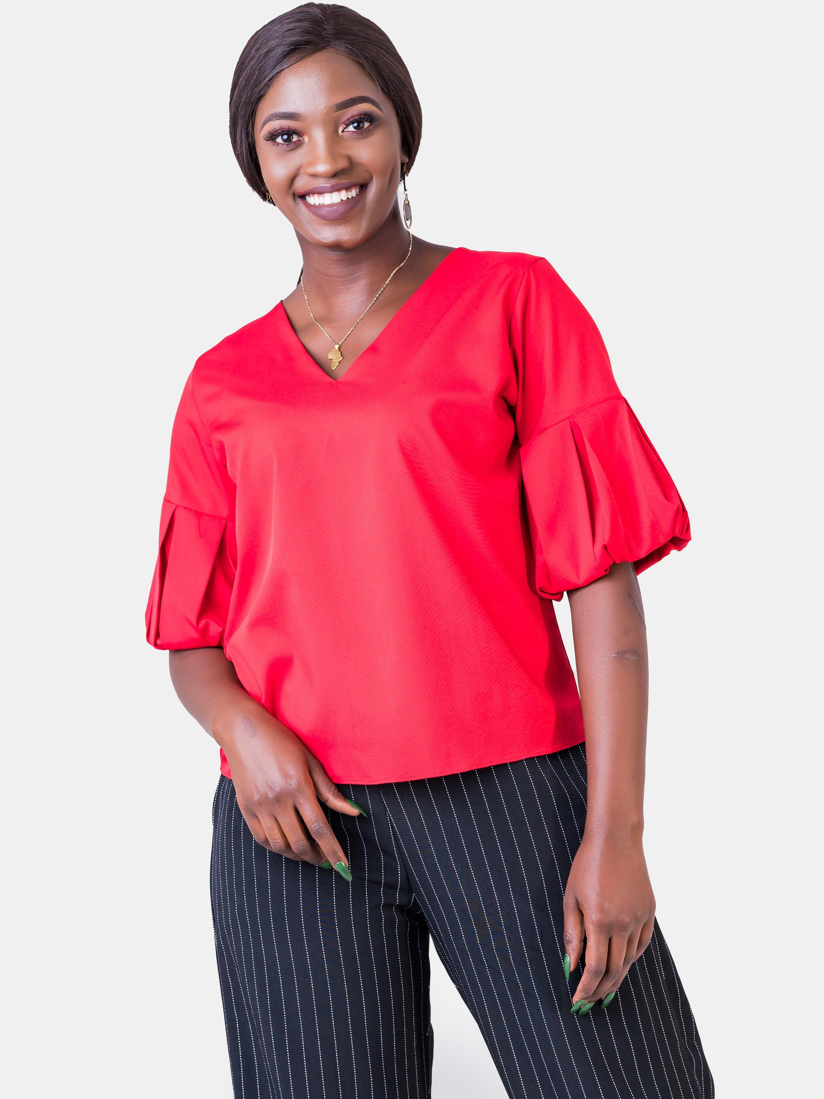 Vivo V-Neck Puff Sleeve Top - Red - Shop Zetu