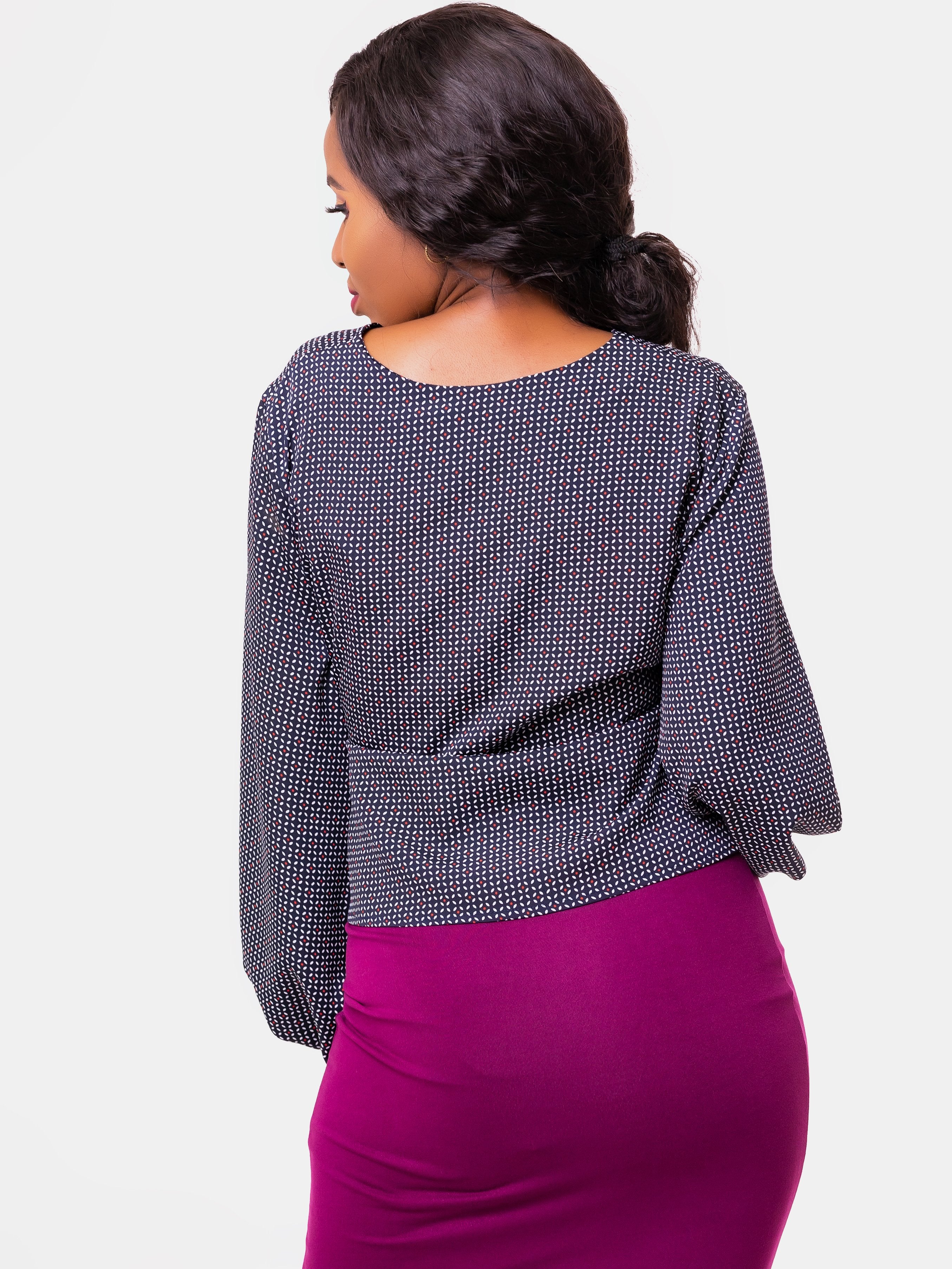 Vivo Izzy Bishop Sleeve Top - Navy Blue Print - Shop Zetu