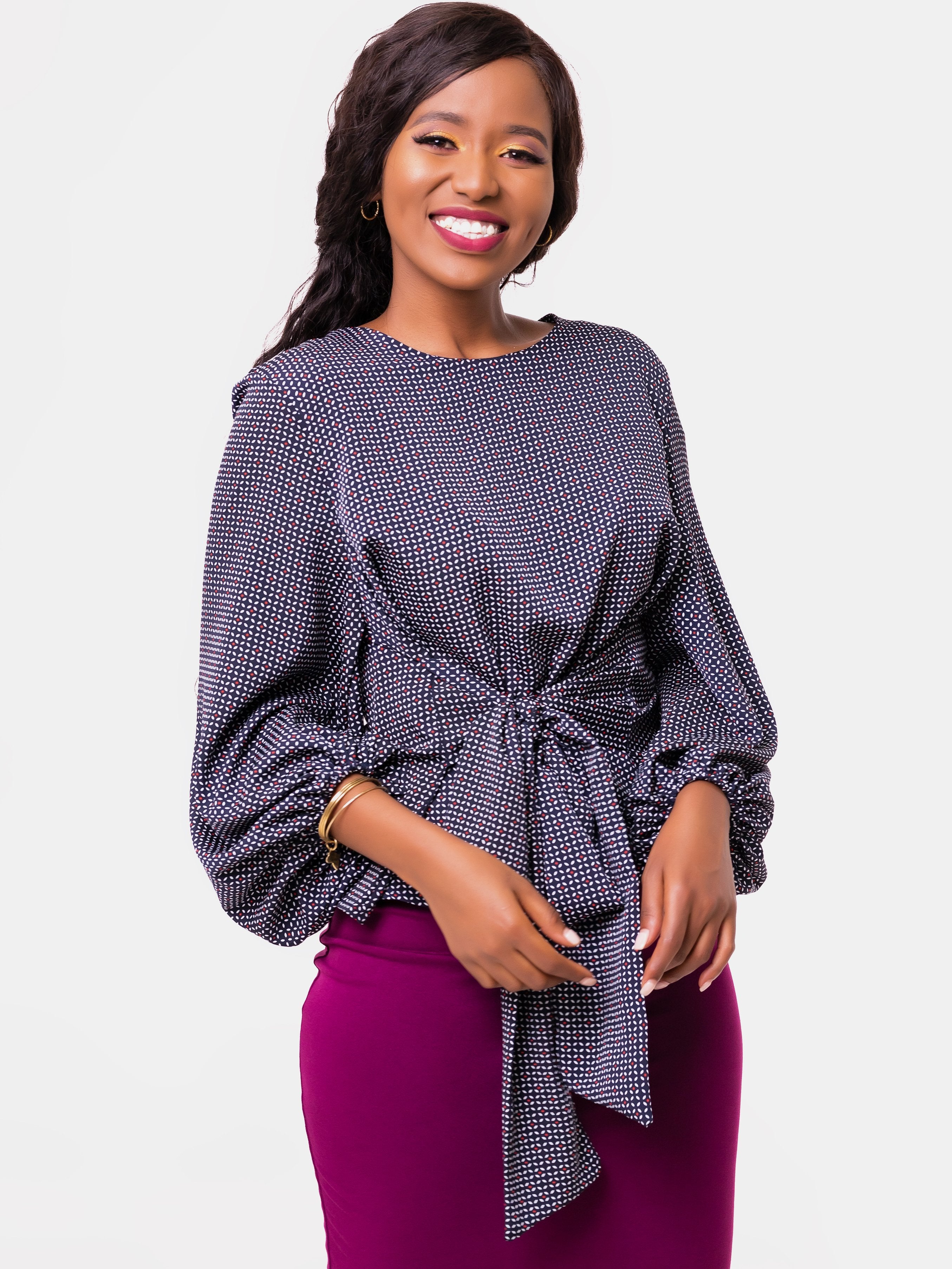 Vivo Izzy Bishop Sleeve Top - Navy Blue Print - Shop Zetu