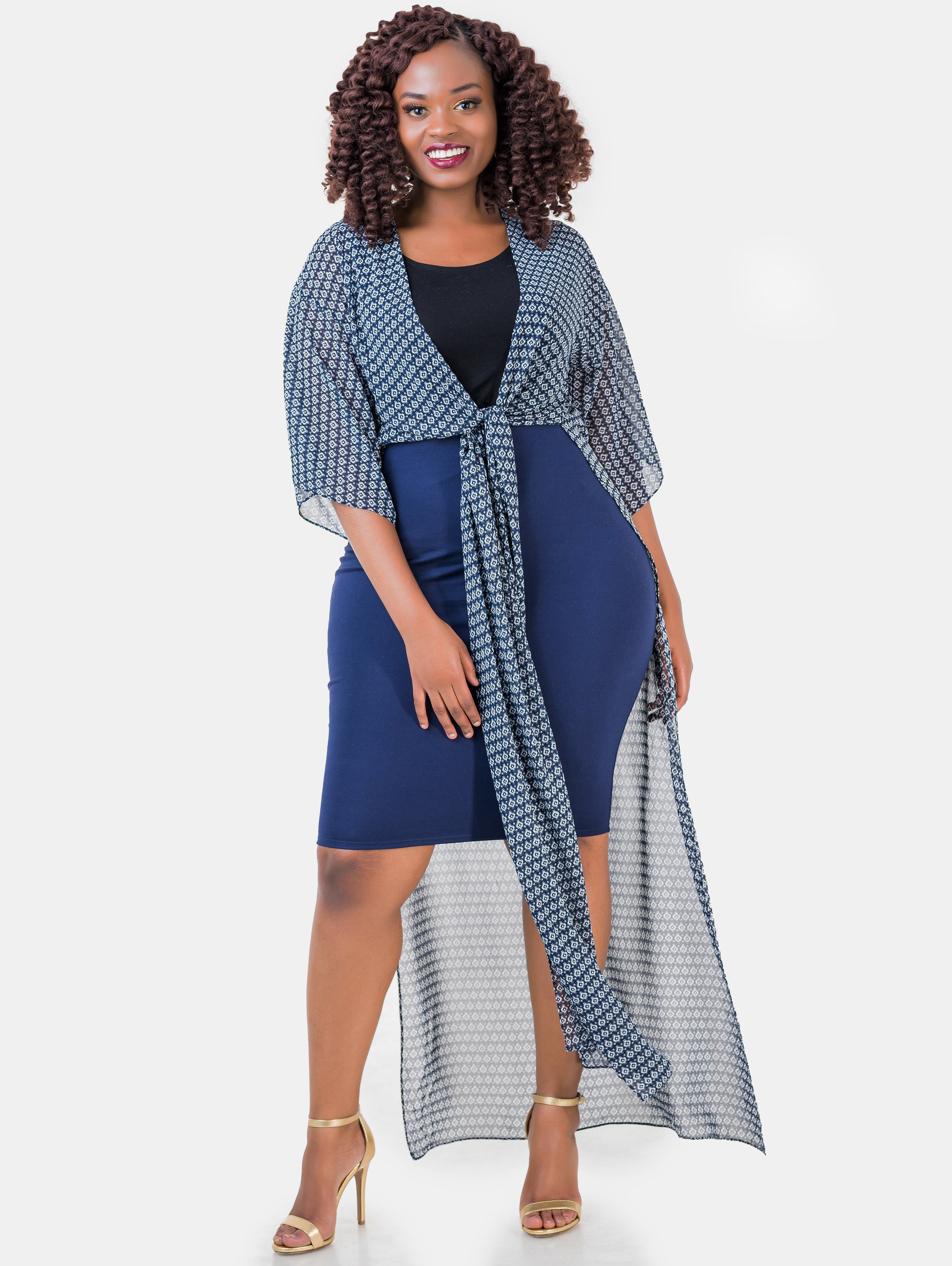 Vivo Basic Nandi High Slit Kimono - Navy Blue Print