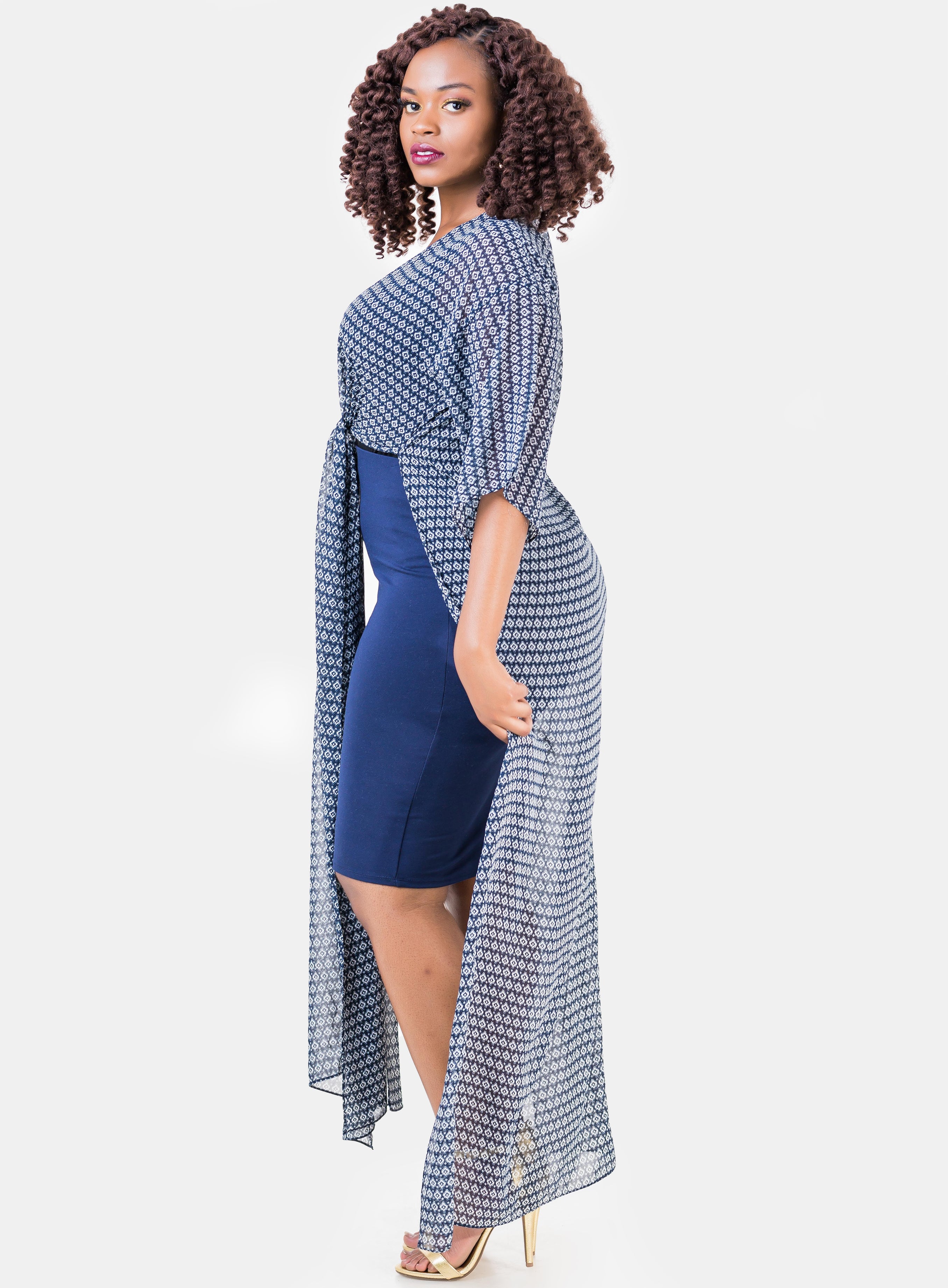 Vivo Basic Nandi High Slit Kimono - Navy Blue Print