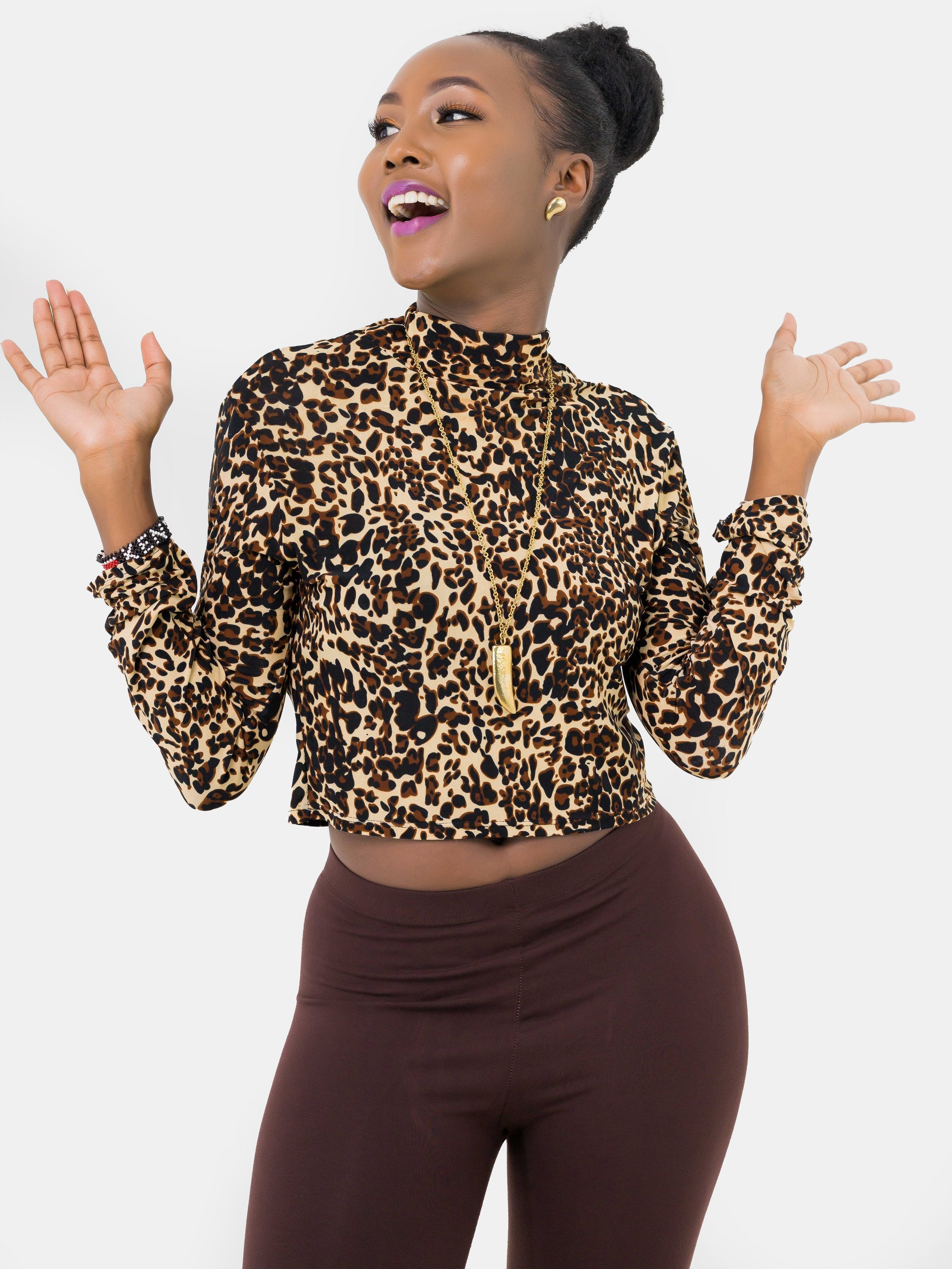 Zetu Print Long Sleeve Cheetah Crop Top - Animal Print - Shop Zetu