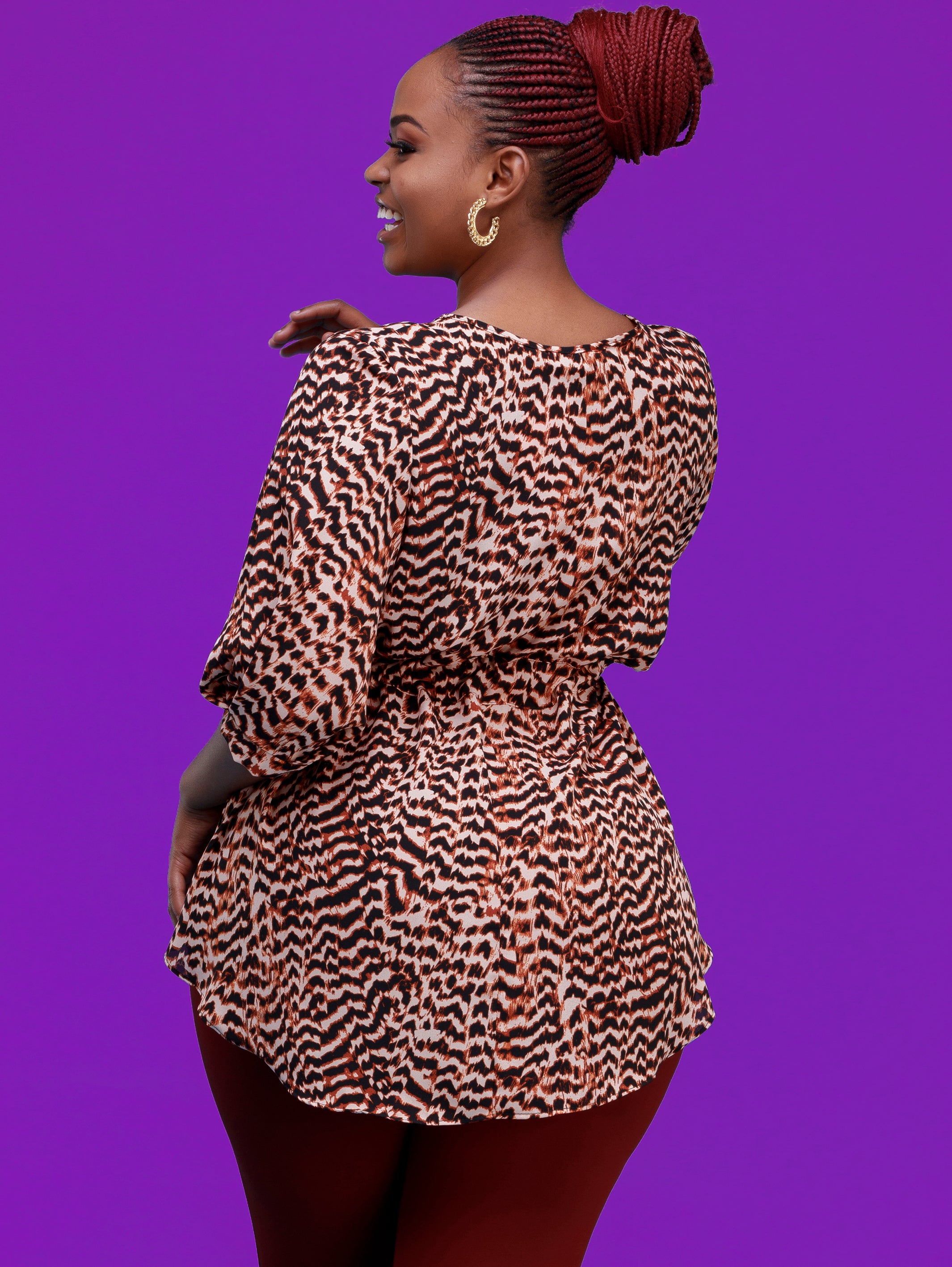 Vivo Basic Drawstring High Low Top - Brown Wavy Print