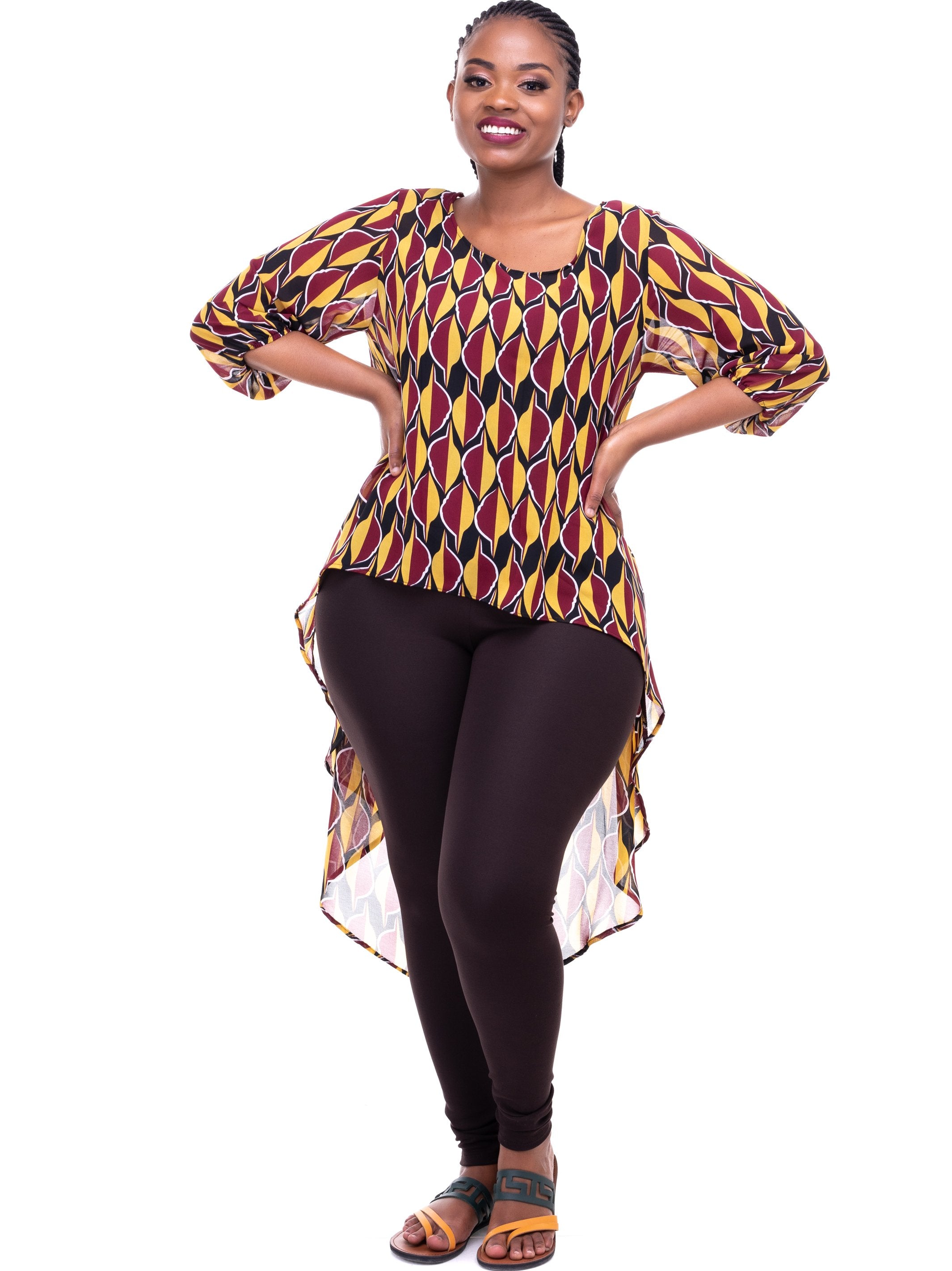 Vivo Nalia High-low Top - Black/Maroon Print - Shop Zetu