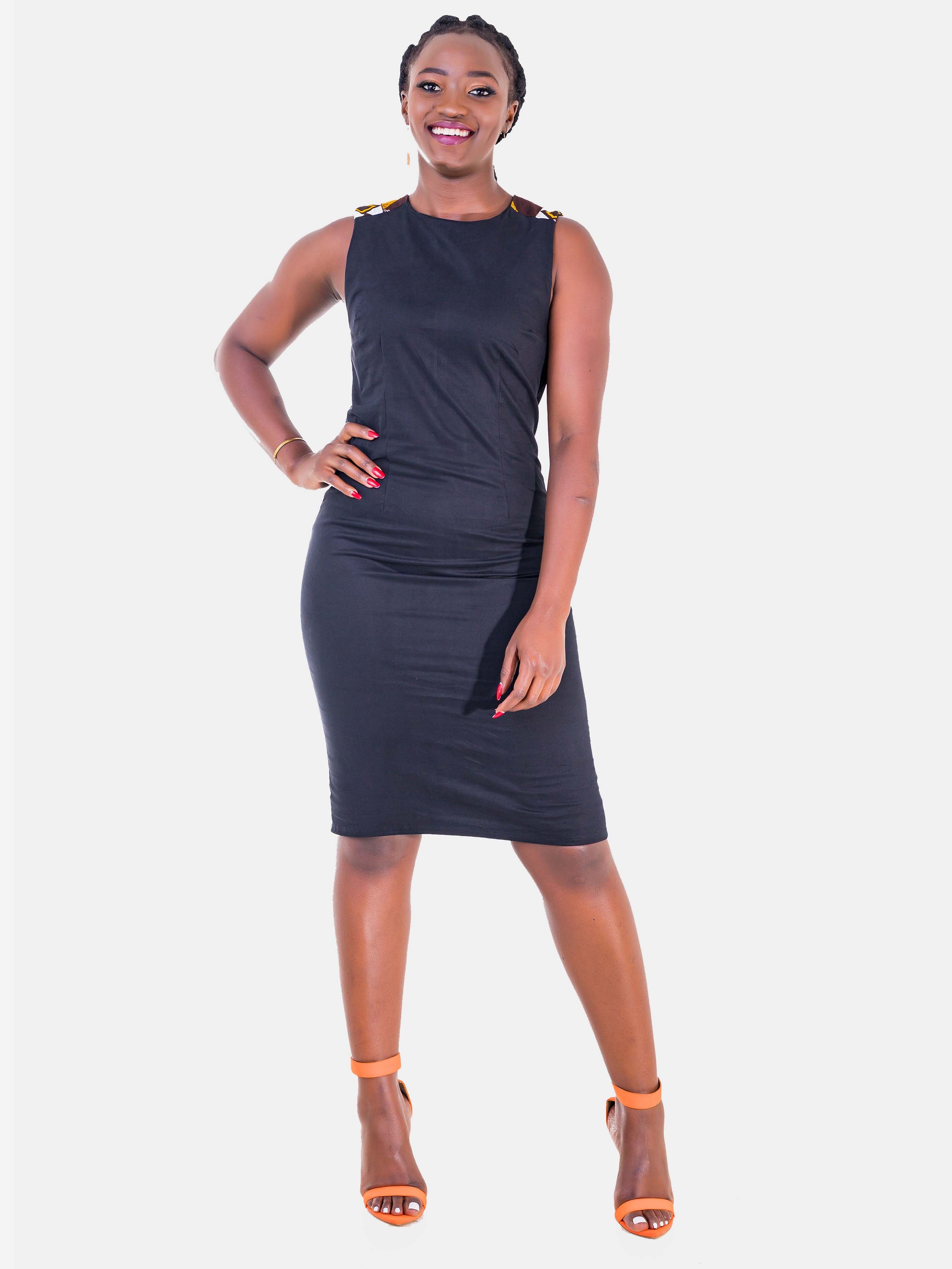 Vivo Ankara Shoulder Sheath Dress - Black