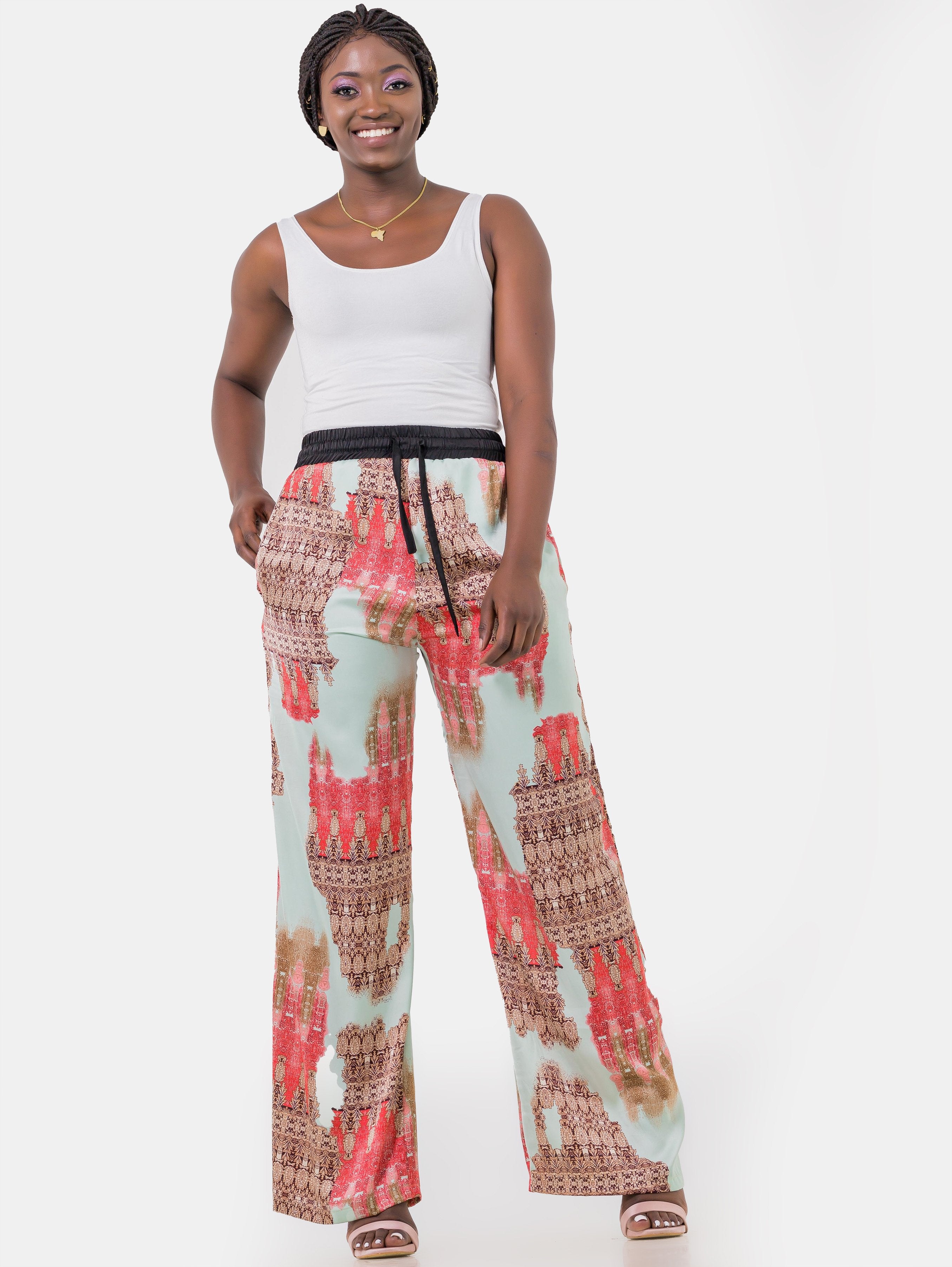 Hijabeefied Regular Satin Pants - Red Print - Shop Zetu