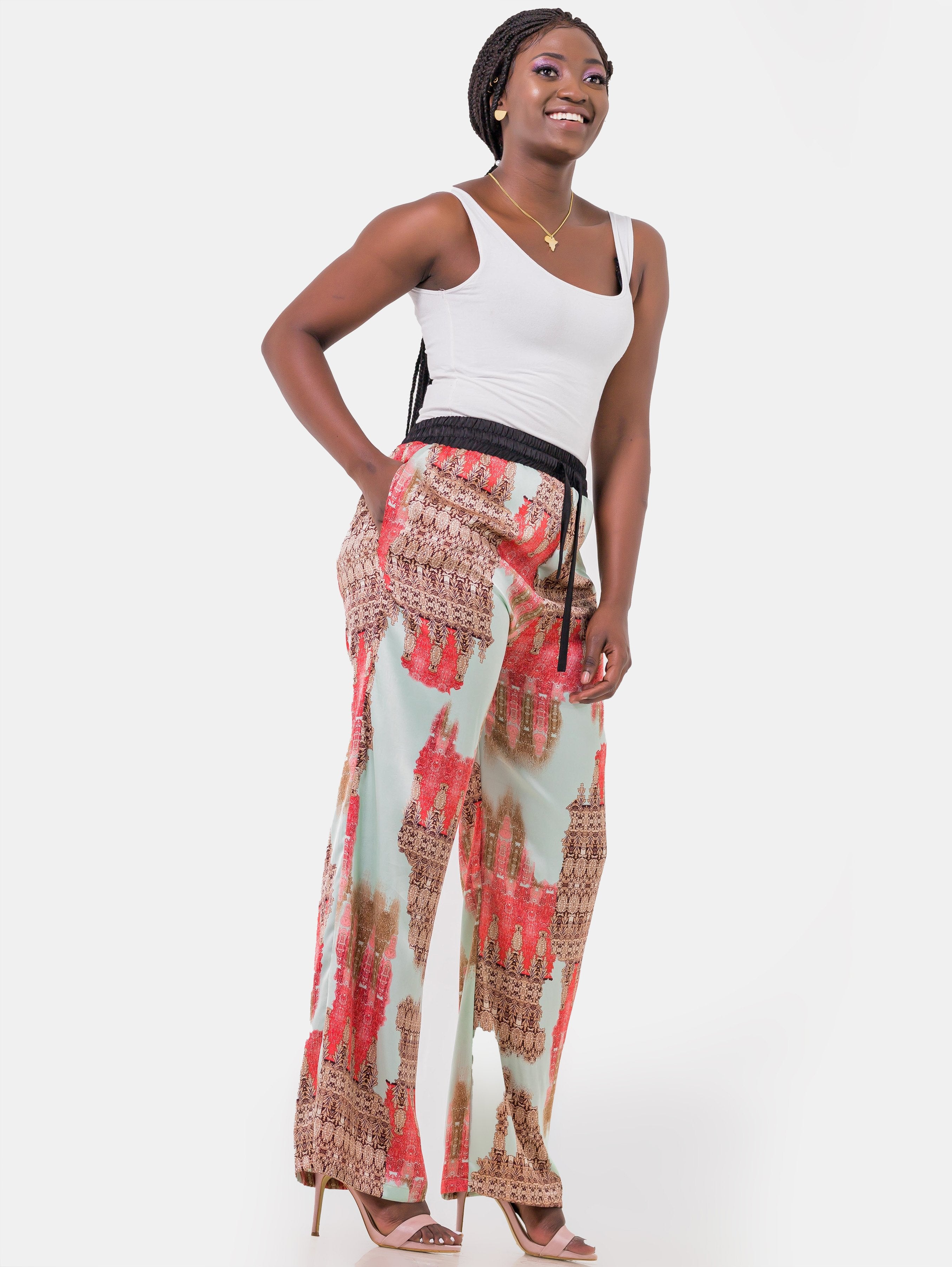 Hijabeefied Regular Satin Pants - Red Print - Shop Zetu