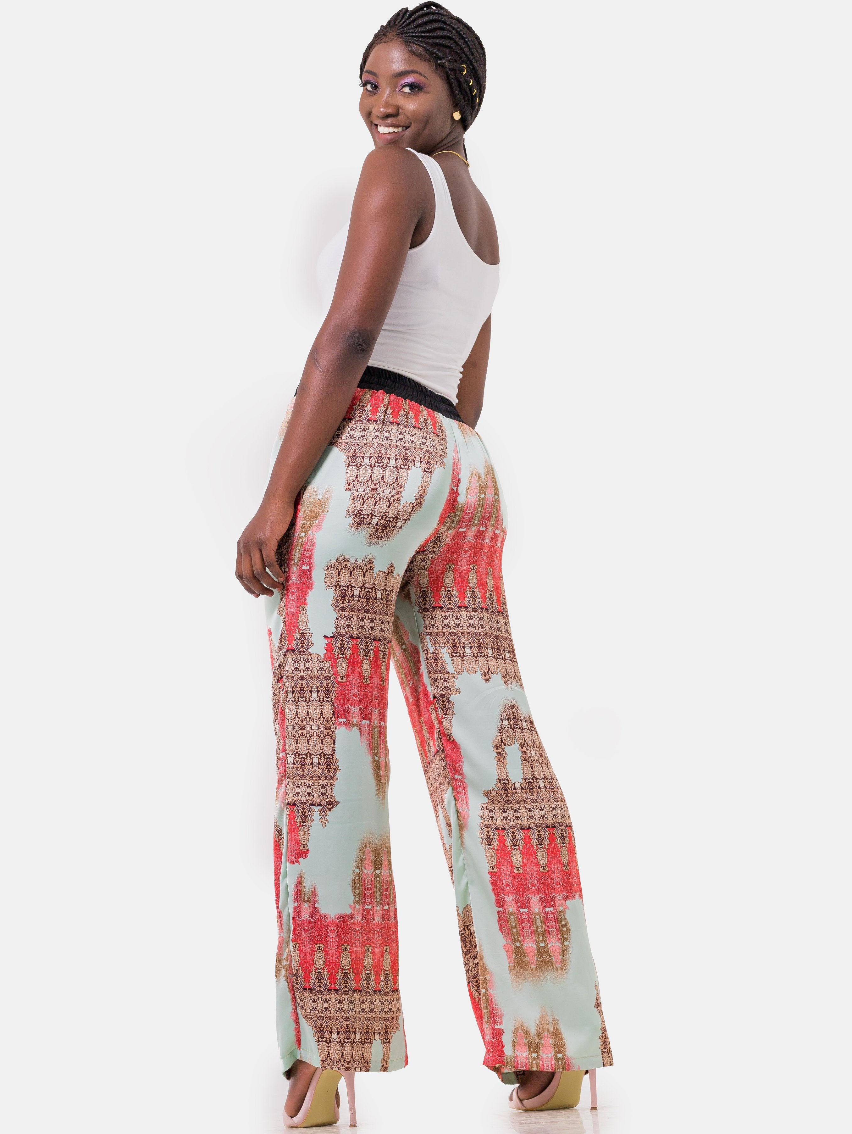 Hijabeefied Regular Satin Pants - Red Print - Shop Zetu