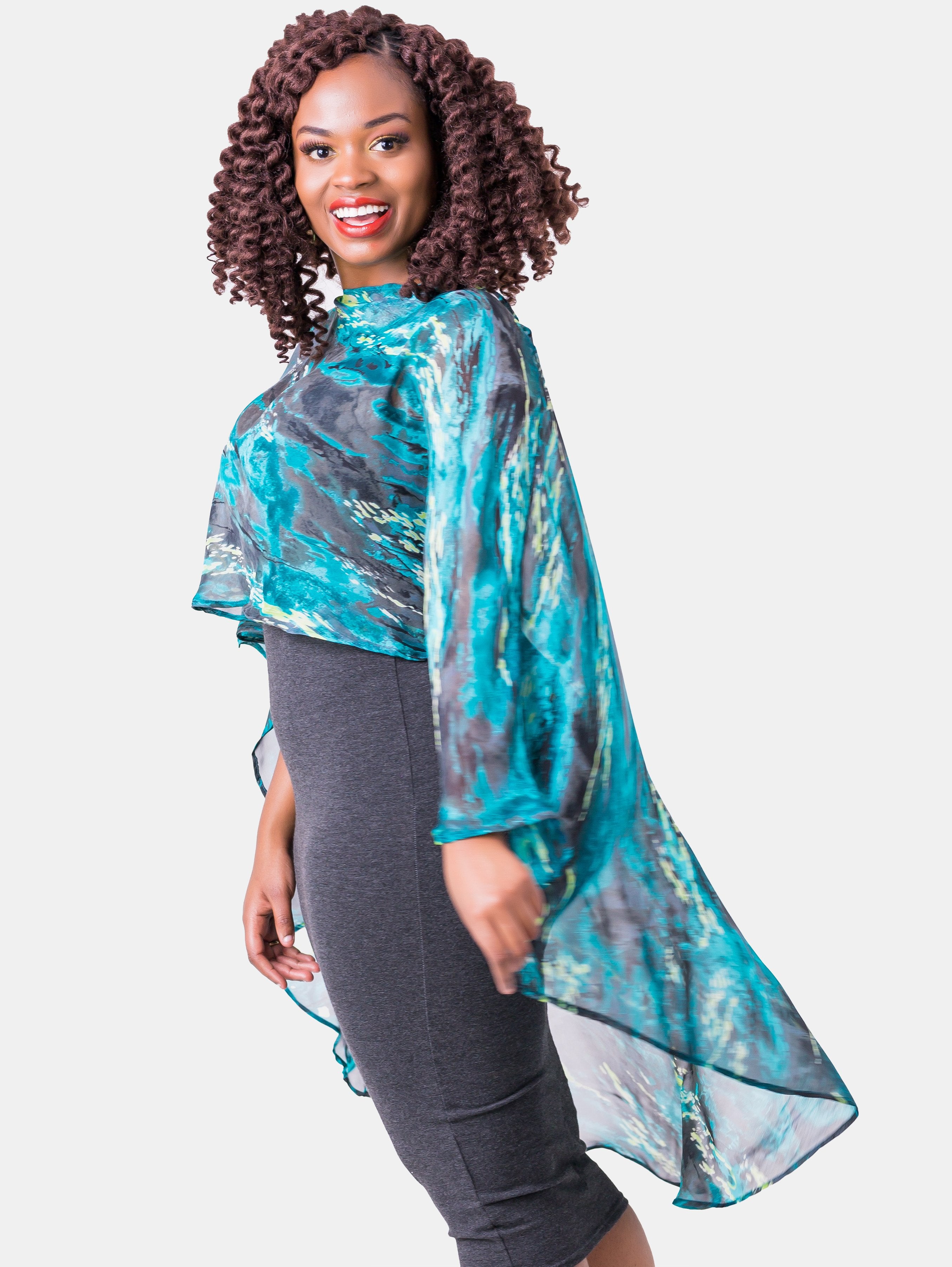 Vivo Liv Cape Chiffon Top - Turqoise Print - Shop Zetu