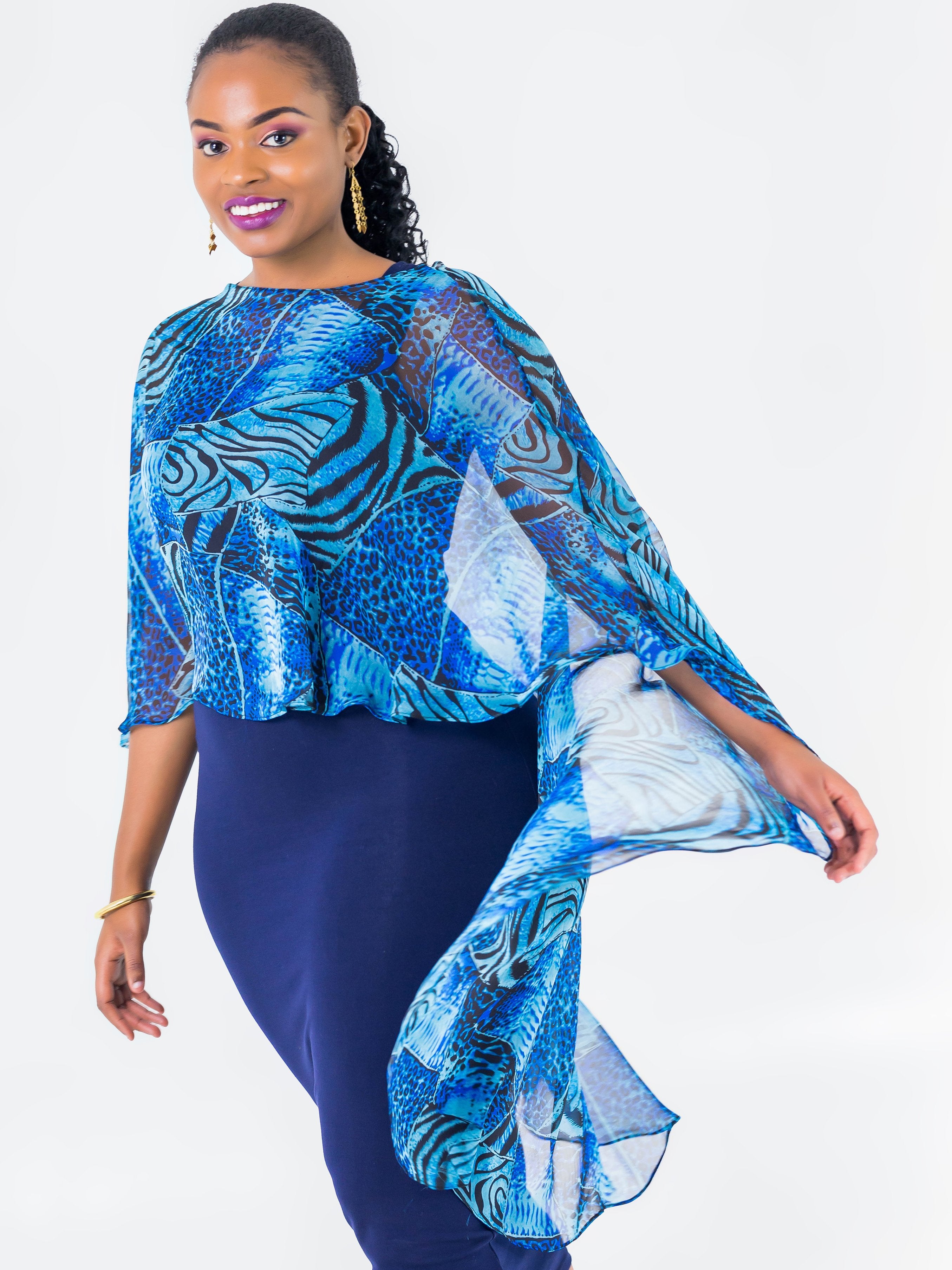 Vivo Liv Cape Chiffon Top - Blue Print - Shop Zetu