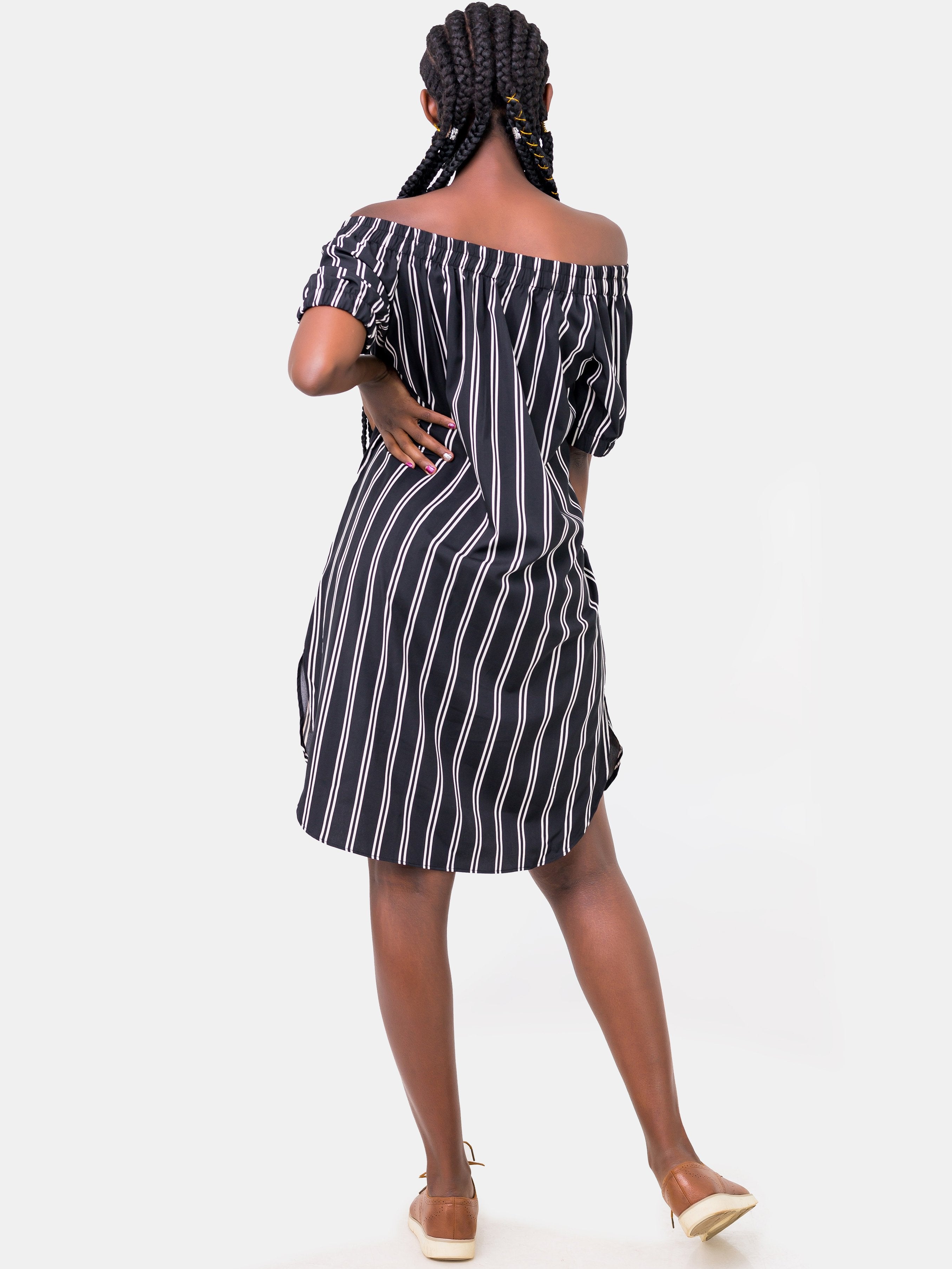 Zetu Izzy Off-Shoulder Shirt Dress - Pinstripes - Shop Zetu