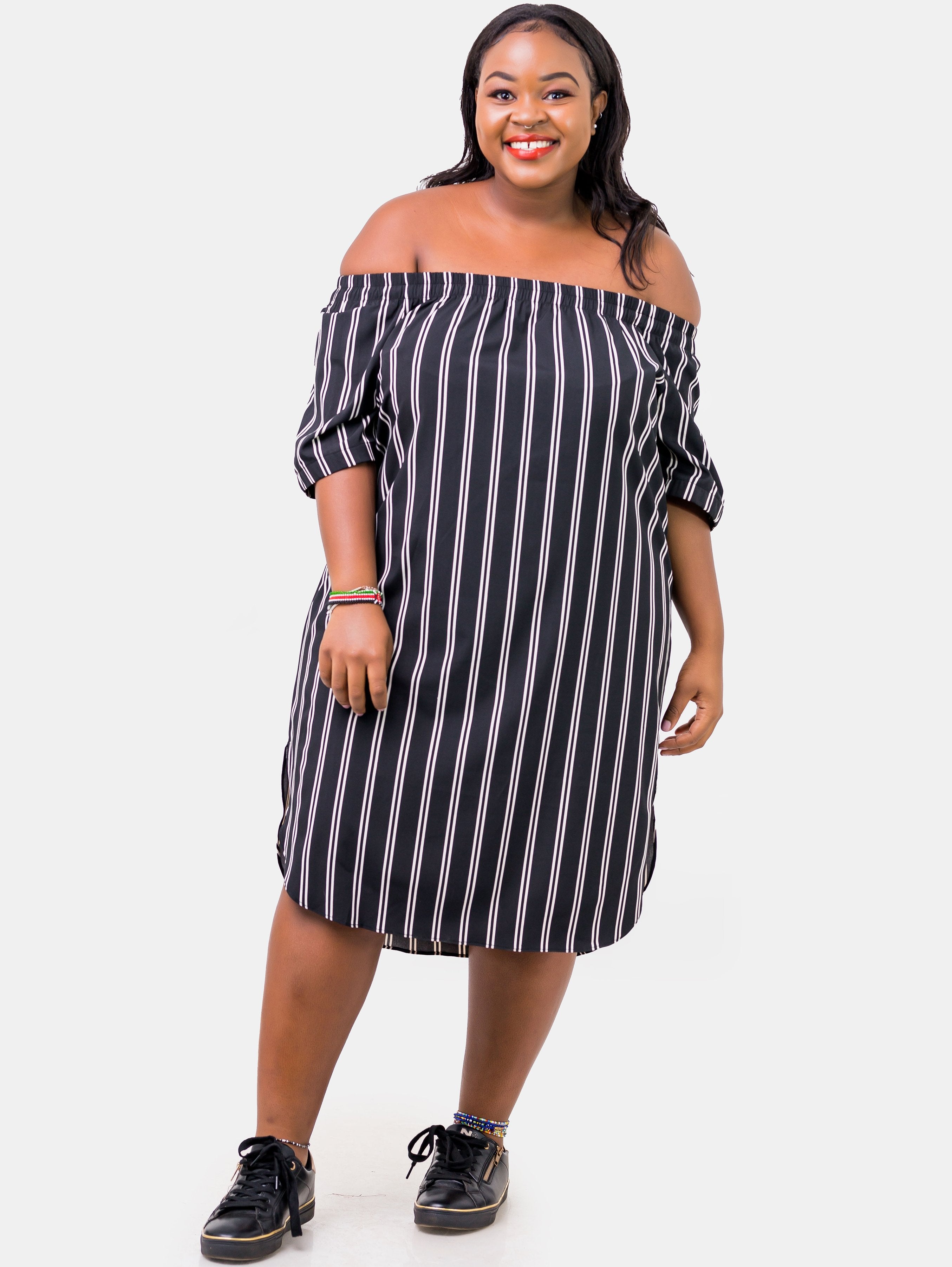 Zetu Izzy Off-Shoulder Shirt Dress - Pinstripes - Shop Zetu