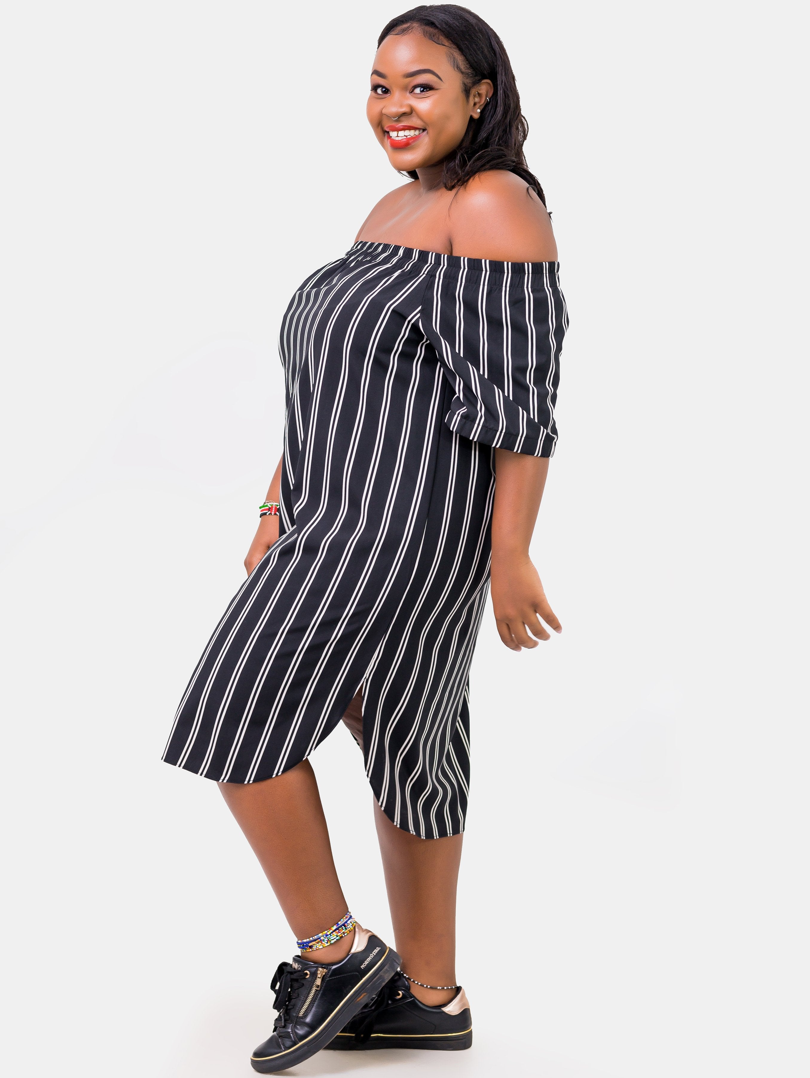 Zetu Izzy Off-Shoulder Shirt Dress - Pinstripes - Shop Zetu