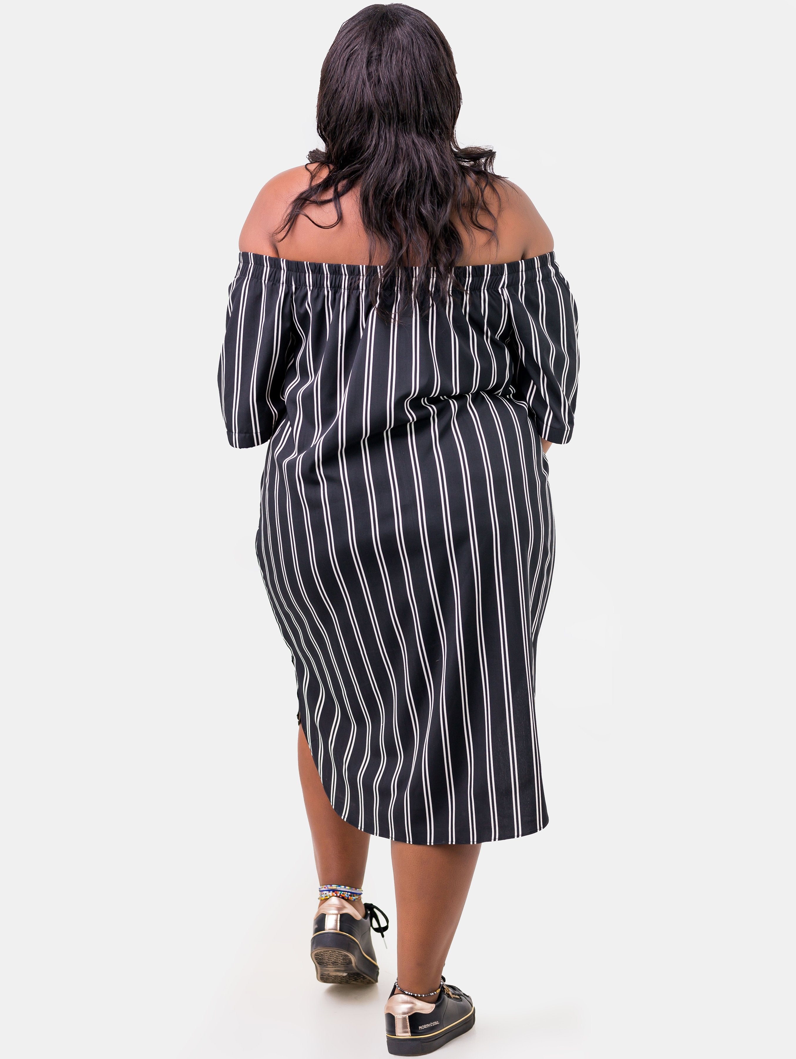 Zetu Izzy Off-Shoulder Shirt Dress - Pinstripes - Shop Zetu