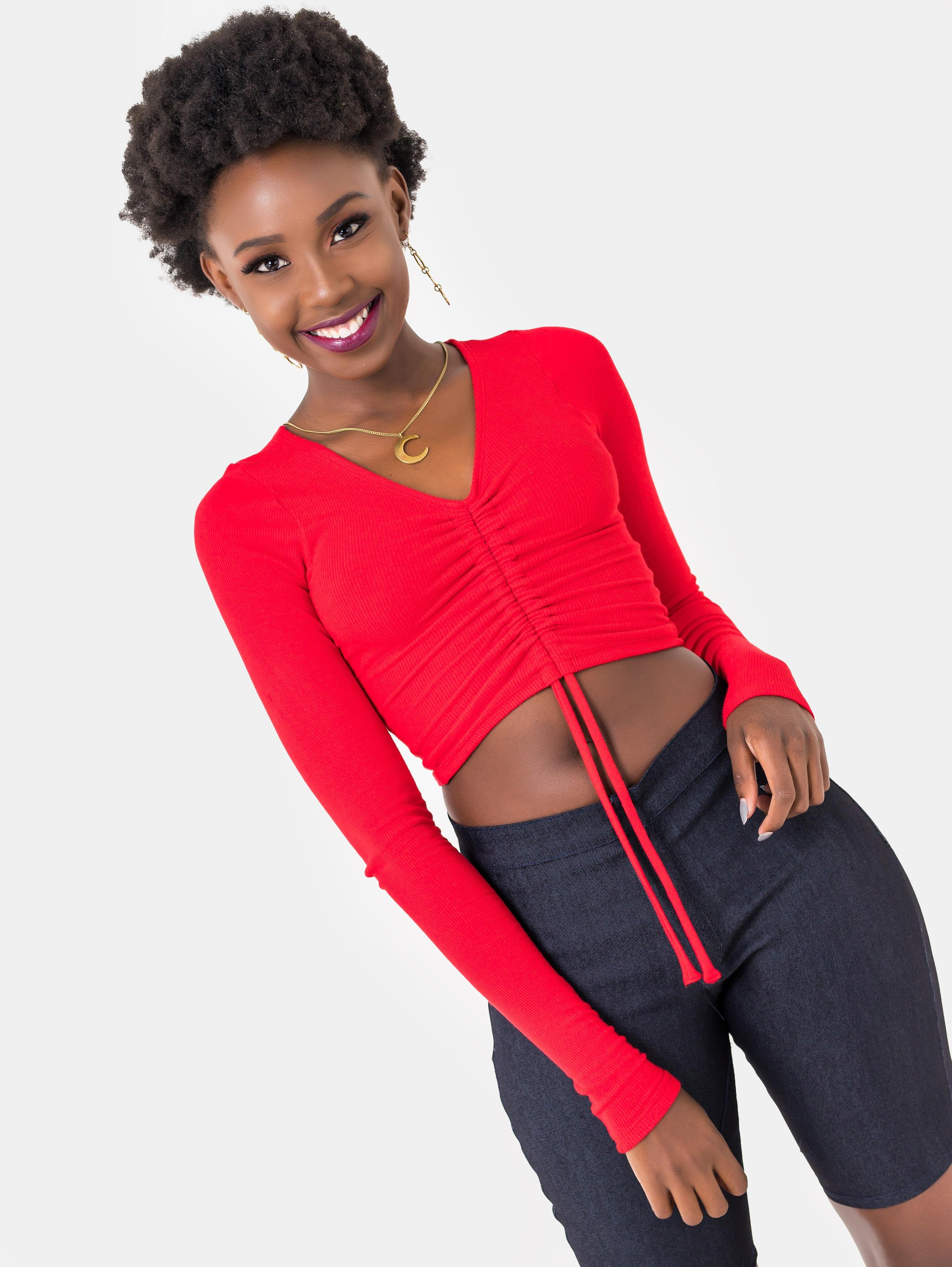 Zetu Ribbed Ruched Crop Top - Red - Shop Zetu