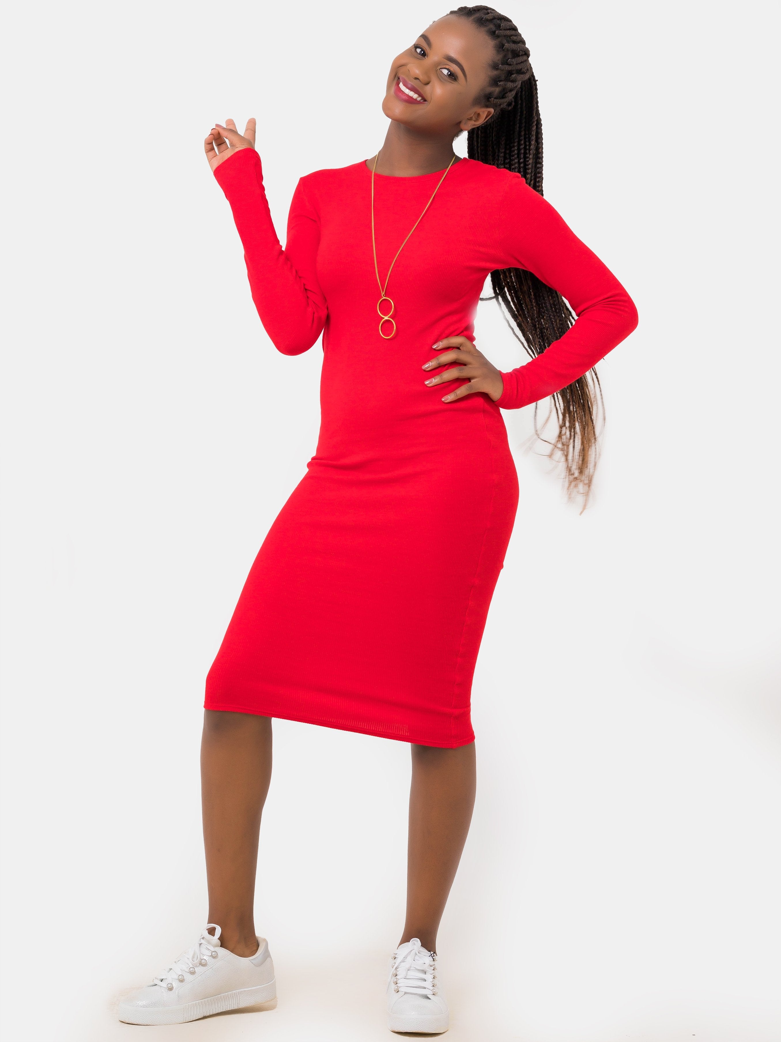 Zetu Ribbed Long Sleeve Crew Neck Midi Bodycon - Red - Shop Zetu