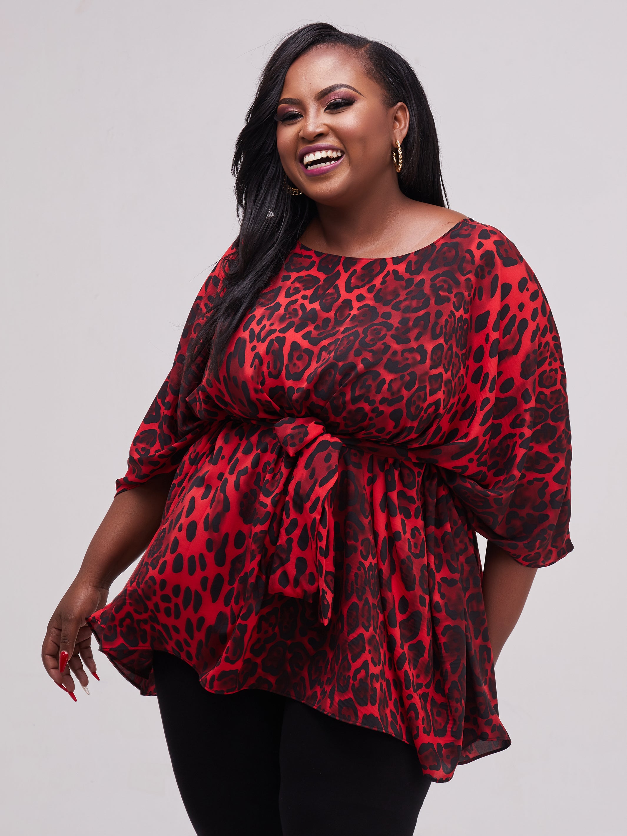 Safari Maisha Wide Loose Top - Red / Black Print