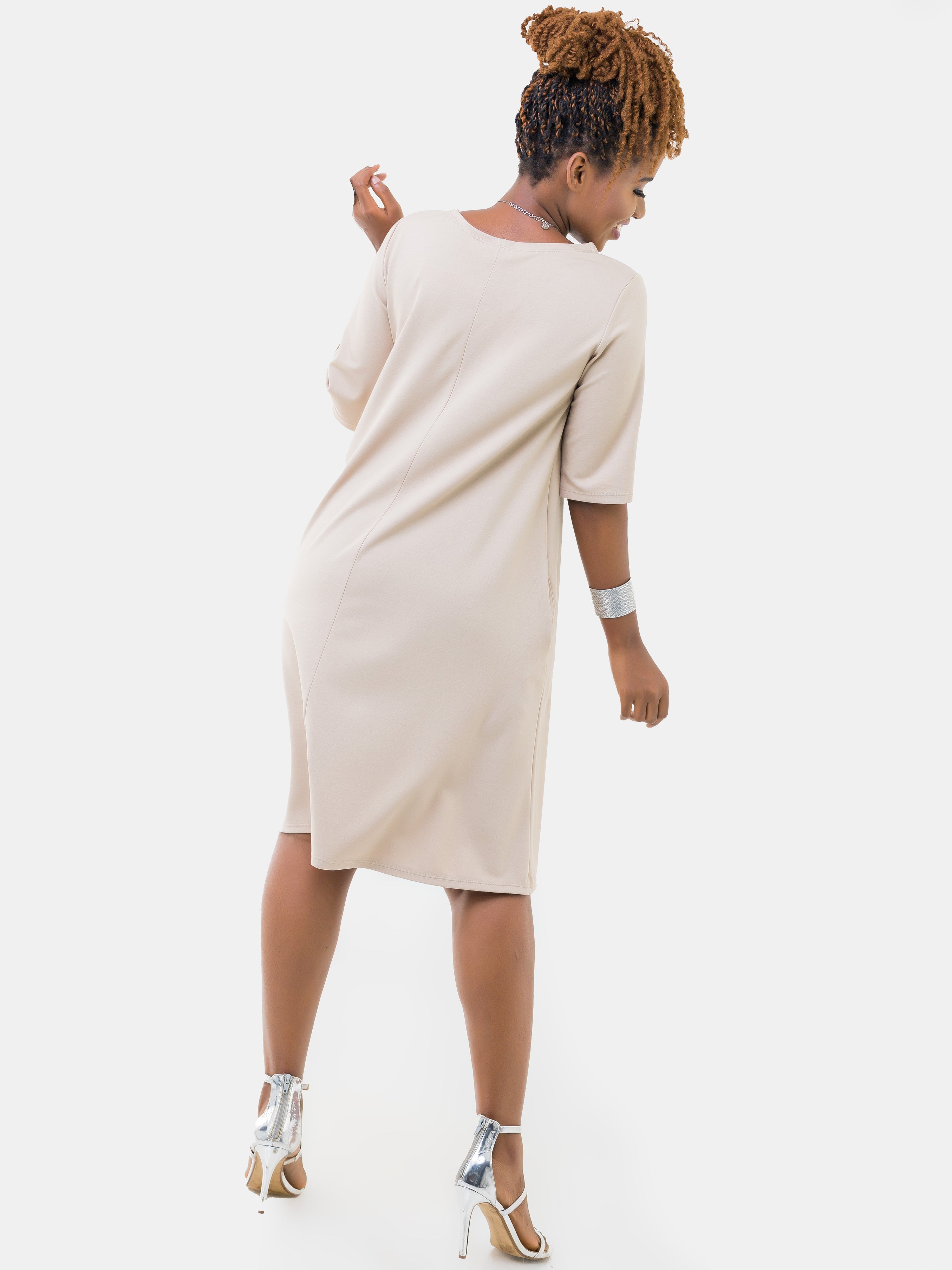 Vivo Basic 3/4 Sleeve Kena Tent Knee Length Dress - Taupe