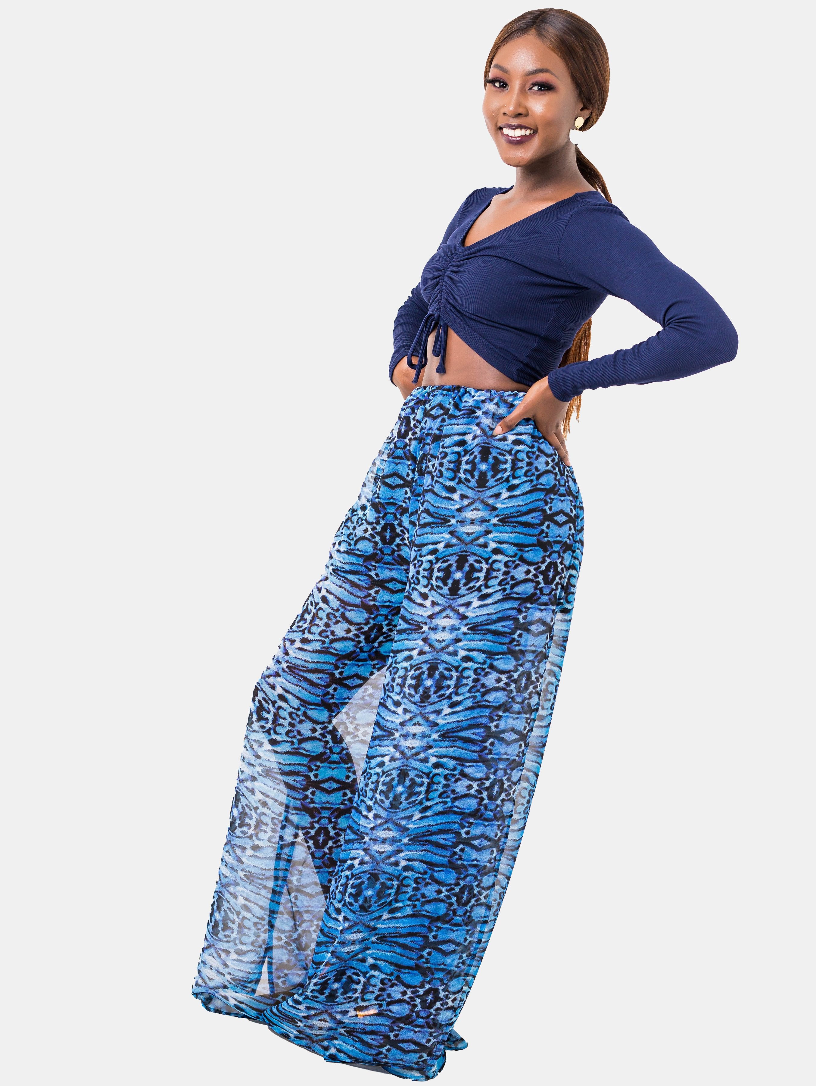 Zetu Front Back Tie Chiffon Pants - Blue Print - Shop Zetu