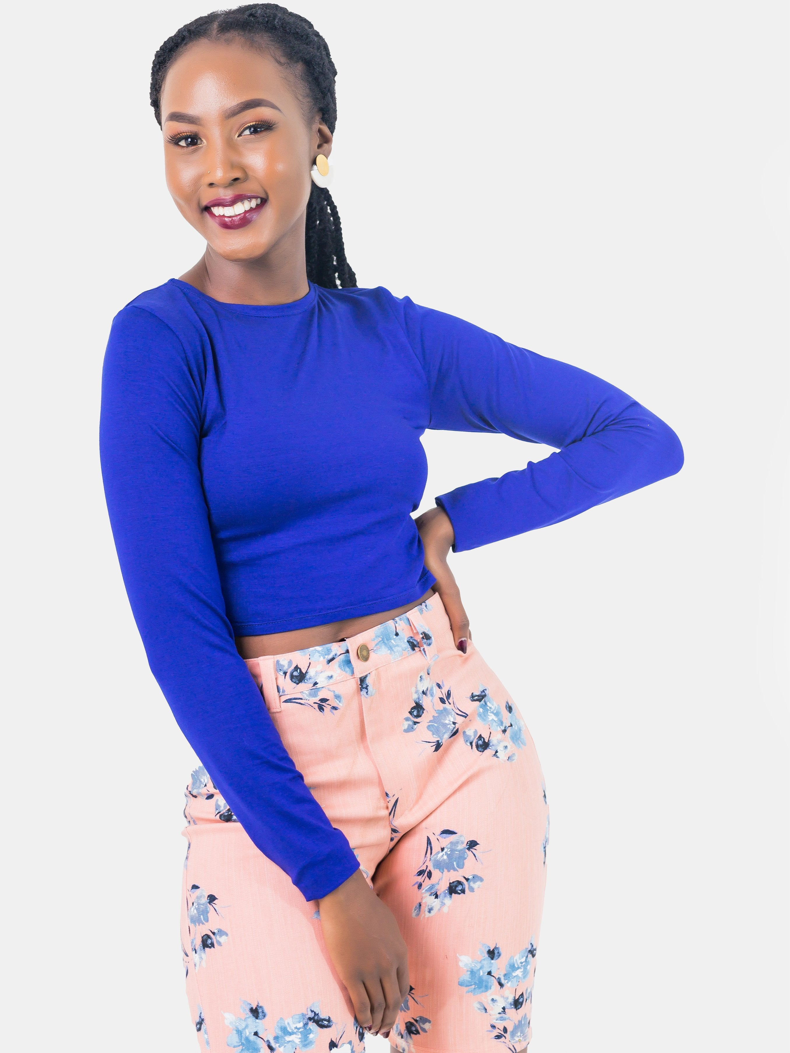 Zetu Long Sleeve Crewneck Crop Top - Royal Blue - Shop Zetu