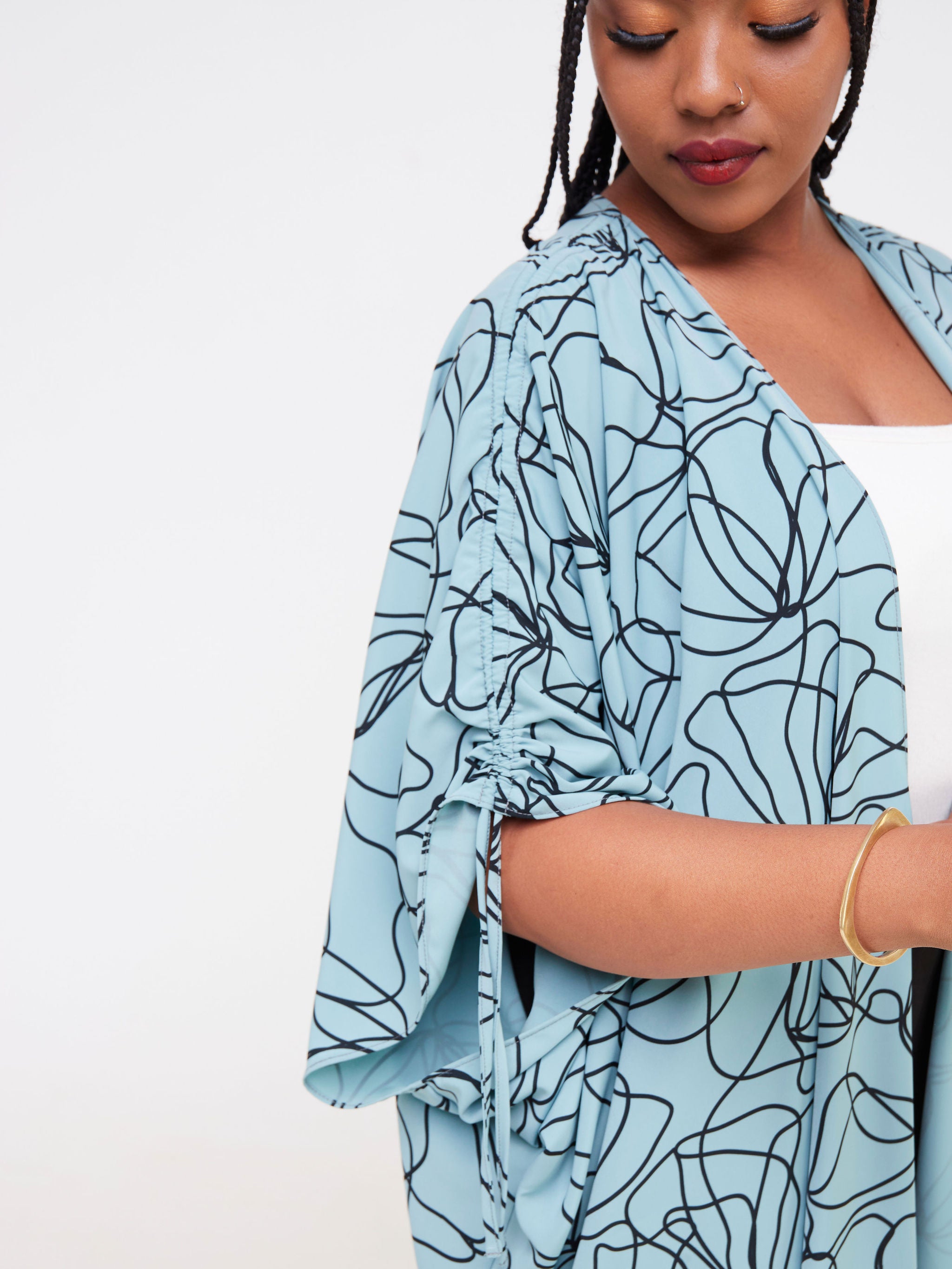 Vivo Dali Drop Shoulder Tie Kimono - Mint Green / Black Abstract Print