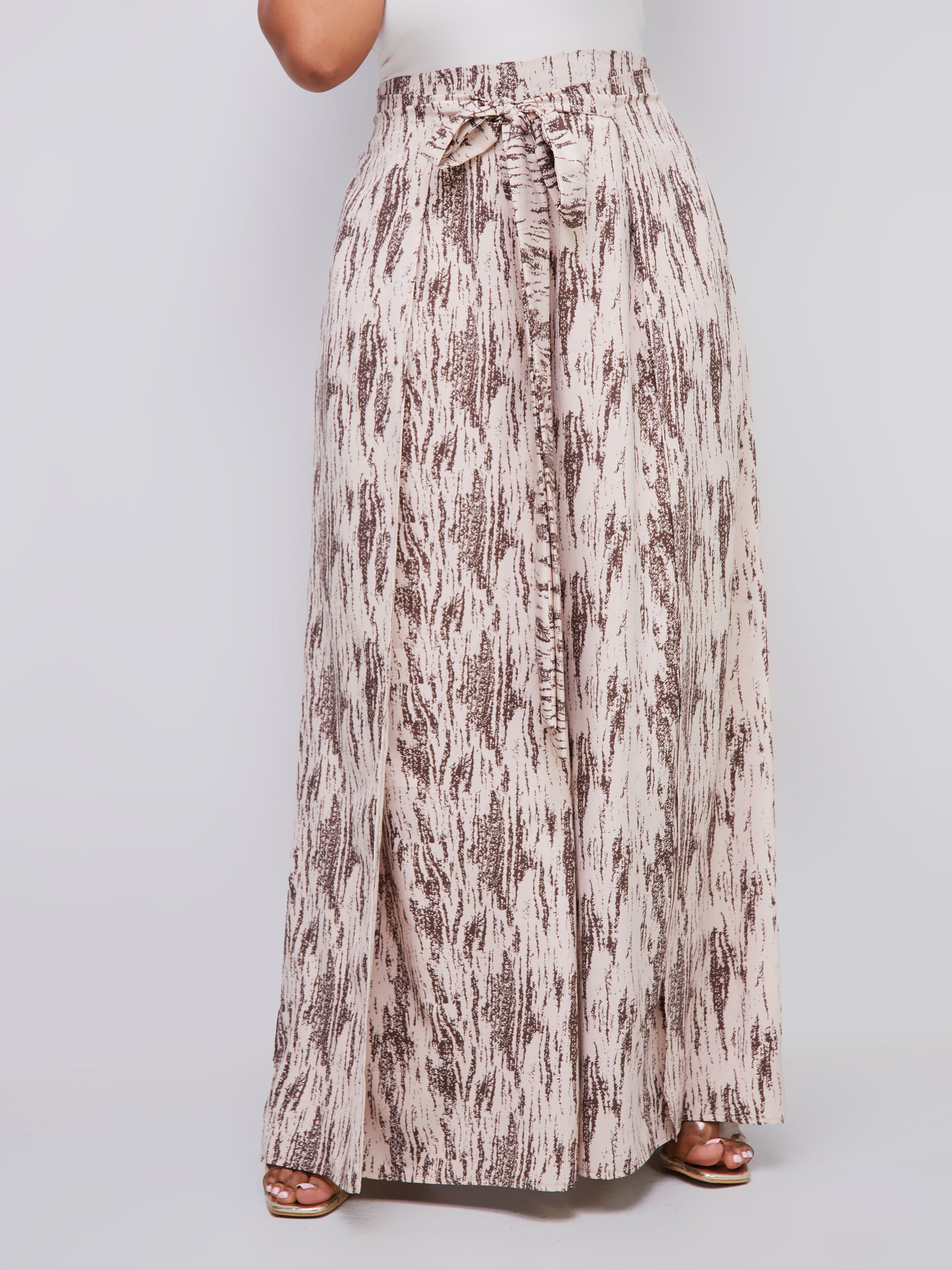 Vivo Dali Panel Wide Leg Pants - Cream / Brown Abstract Print