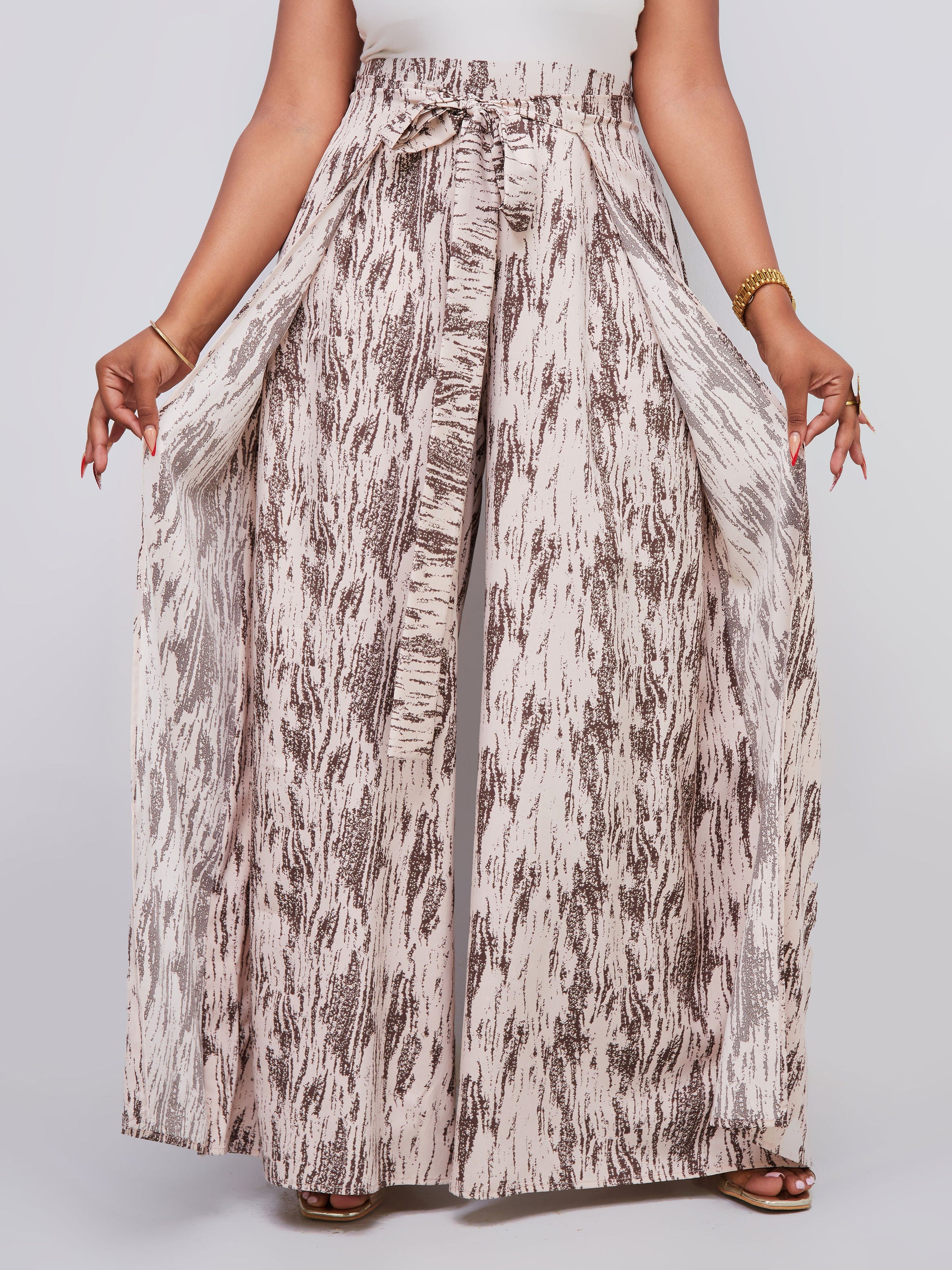 Vivo Dali Panel Wide Leg Pants - Cream / Brown Abstract Print