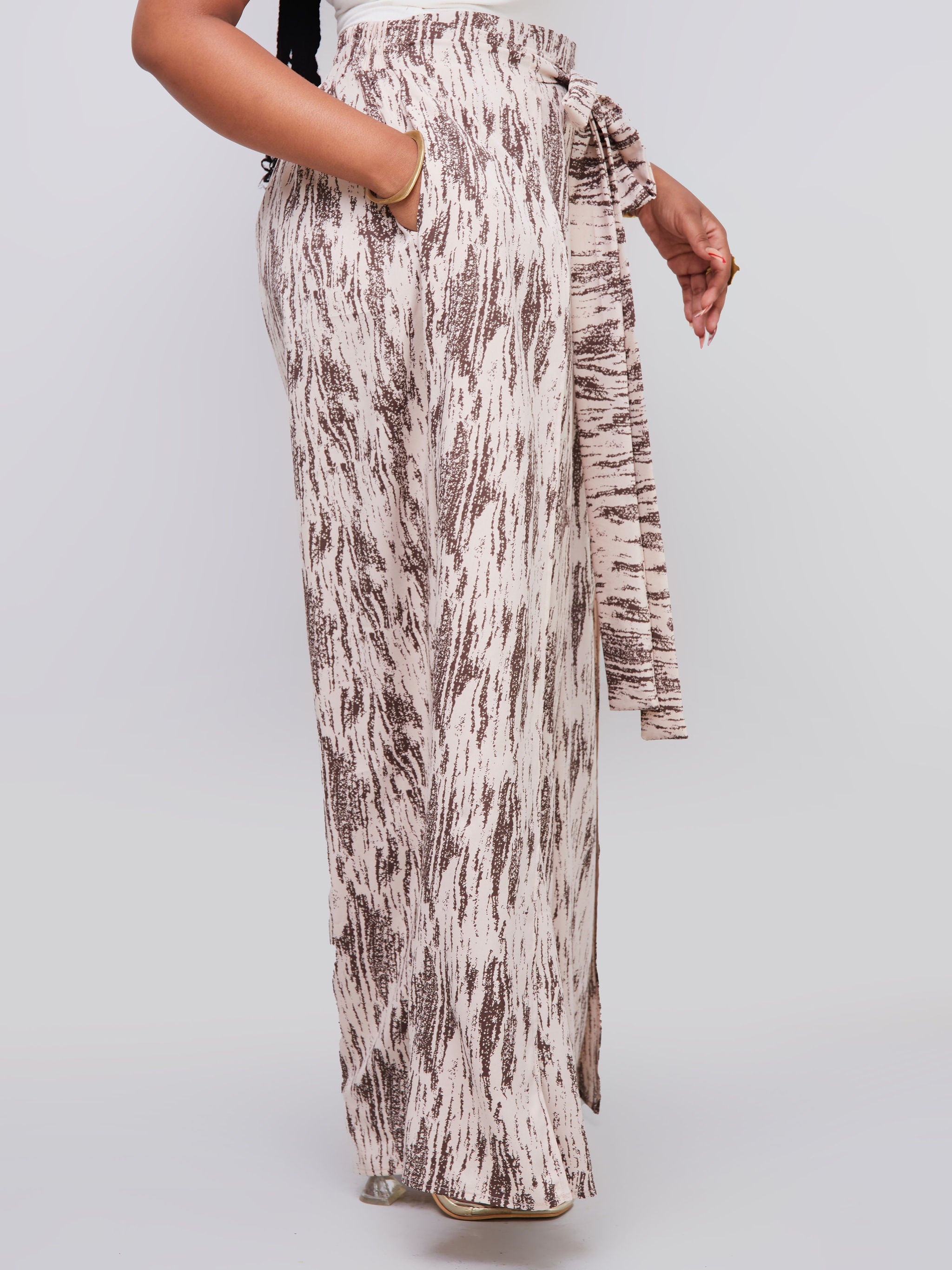 Vivo Dali Panel Wide Leg Pants - Cream / Brown Abstract Print