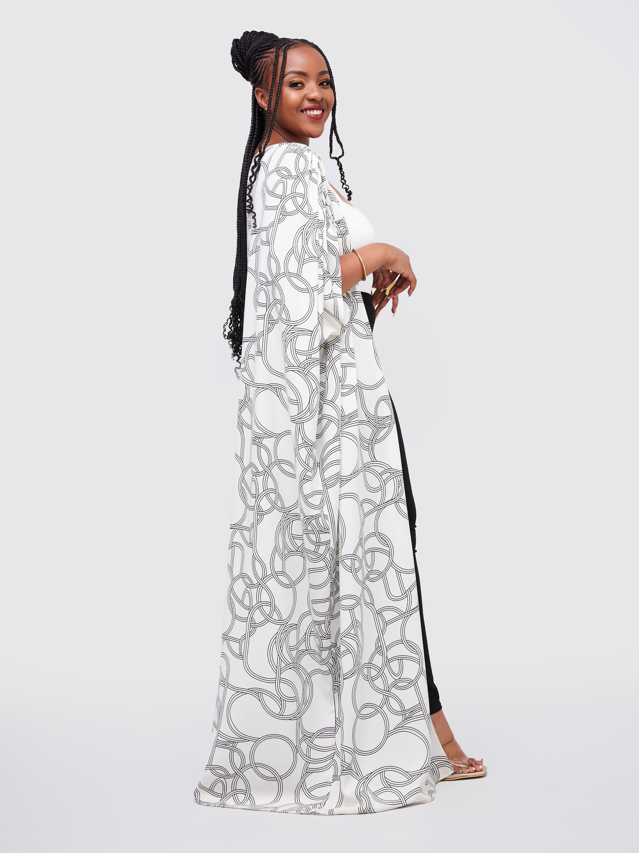 Vivo Dali Drop Shoulder Tie Kimono - White / Black Abstract Print