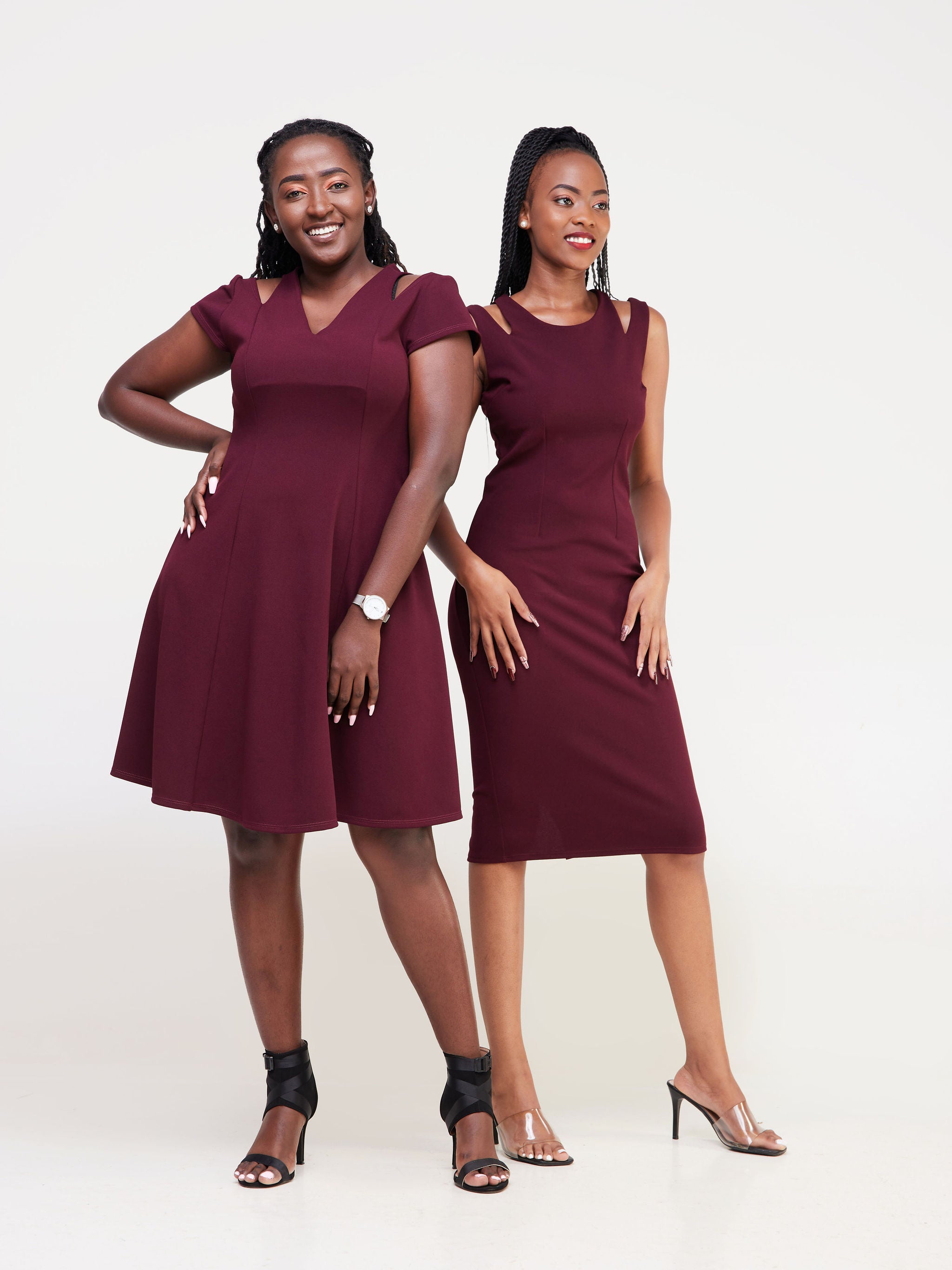 Vivo Nasara Shoulder Cut Out A Line Dress - Burgundy