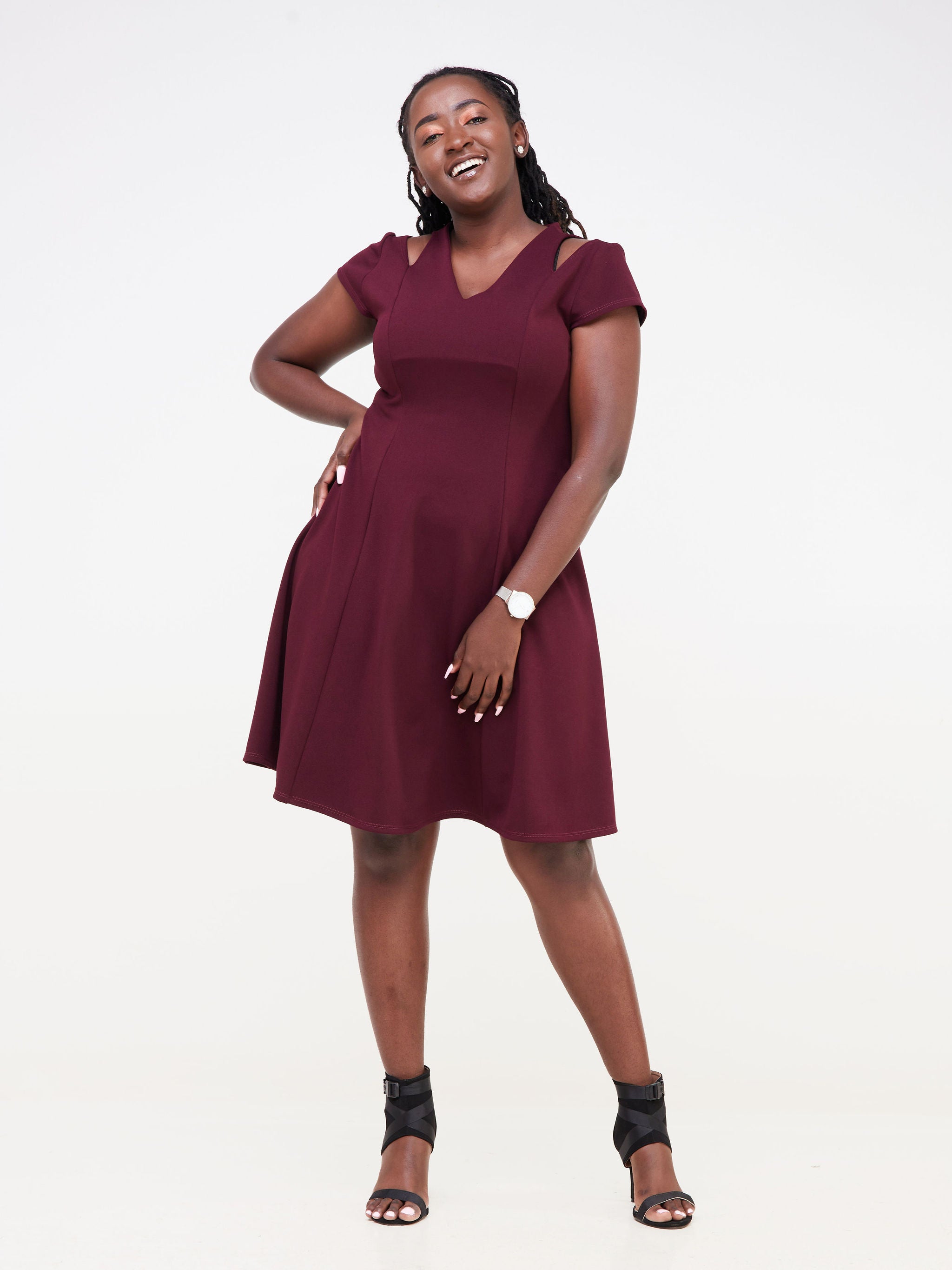 Vivo Nasara Shoulder Cut Out A Line Dress - Burgundy