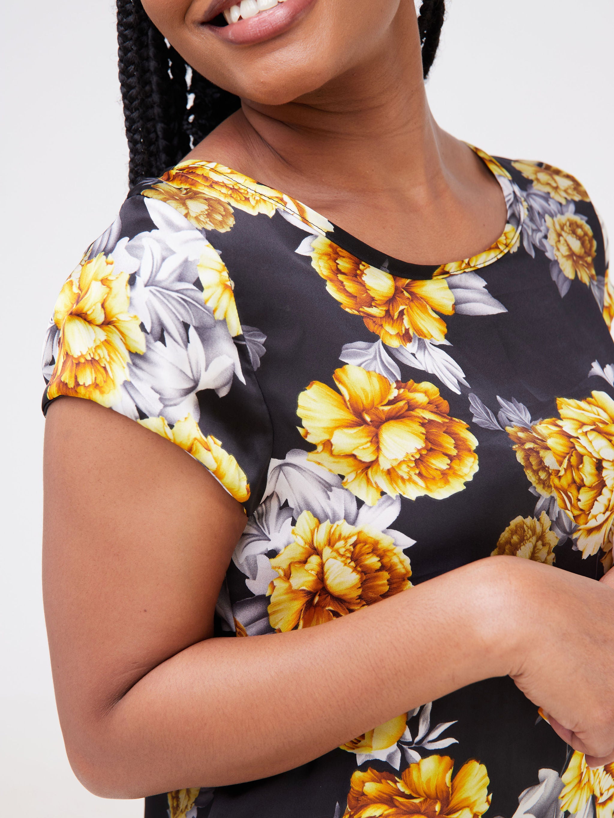 Vivo Basic Satin Cap Sleeve Top - Black / Mustard Floral Print
