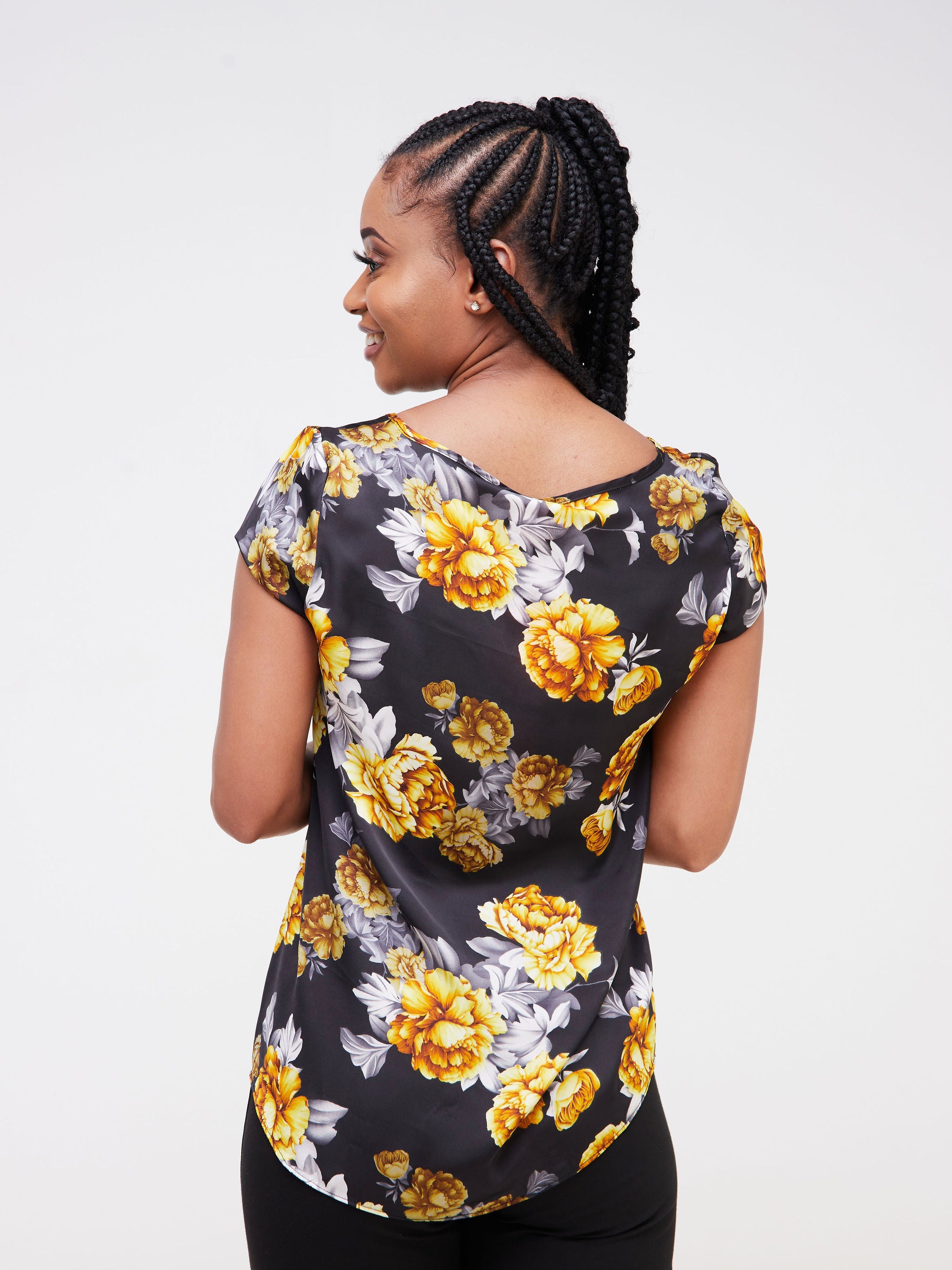 Vivo Basic Satin Cap Sleeve Top - Black / Mustard Floral Print