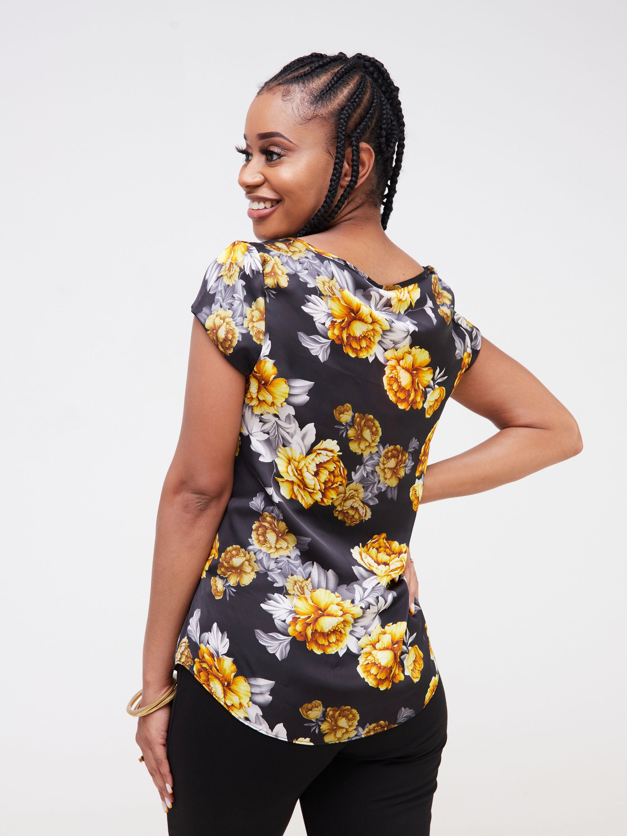 Vivo Basic Satin Cap Sleeve Top - Black / Mustard Floral Print