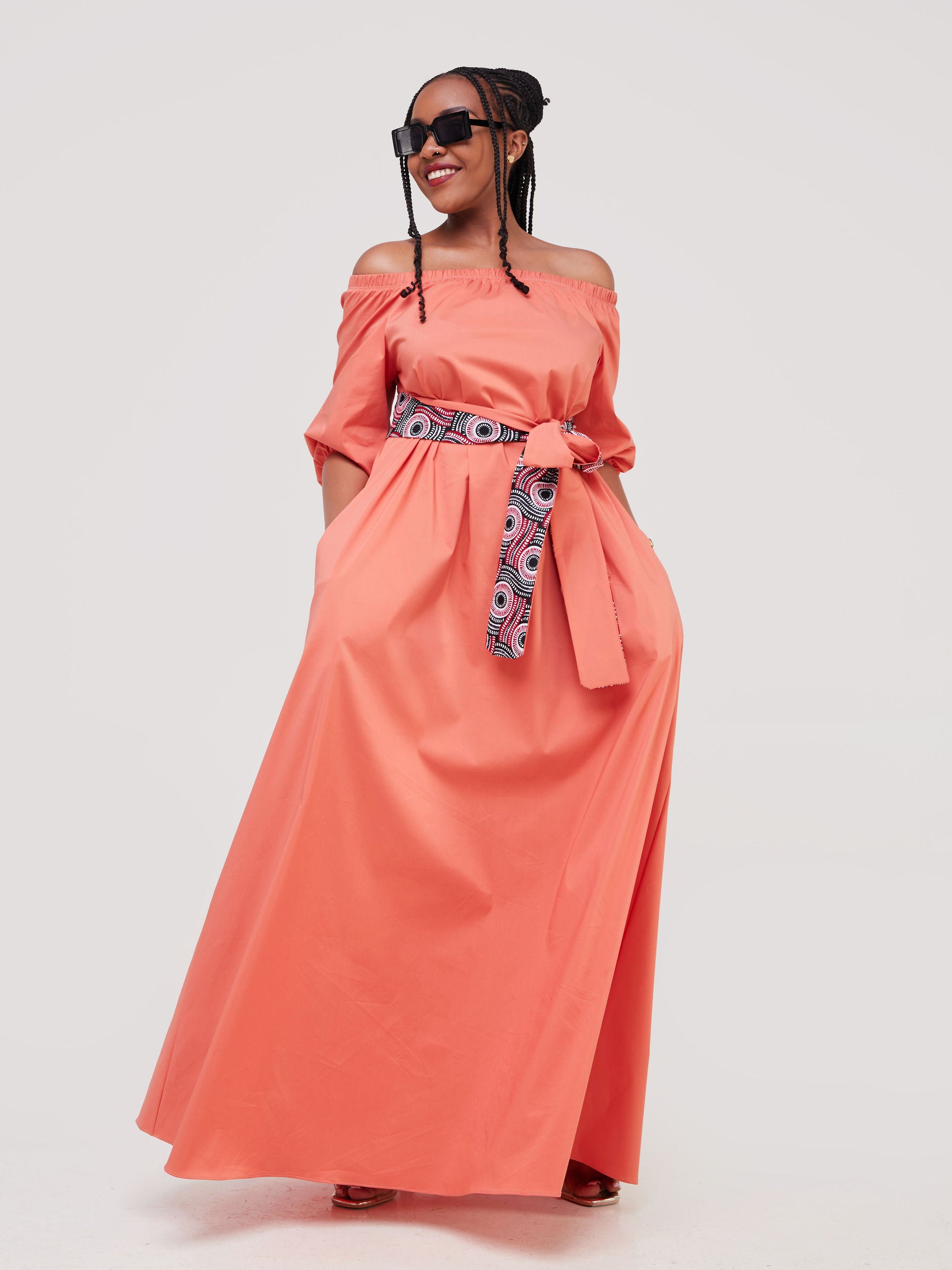 Safari Tawi 3/4 Sleeve Off Shoulder Maxi - Coral